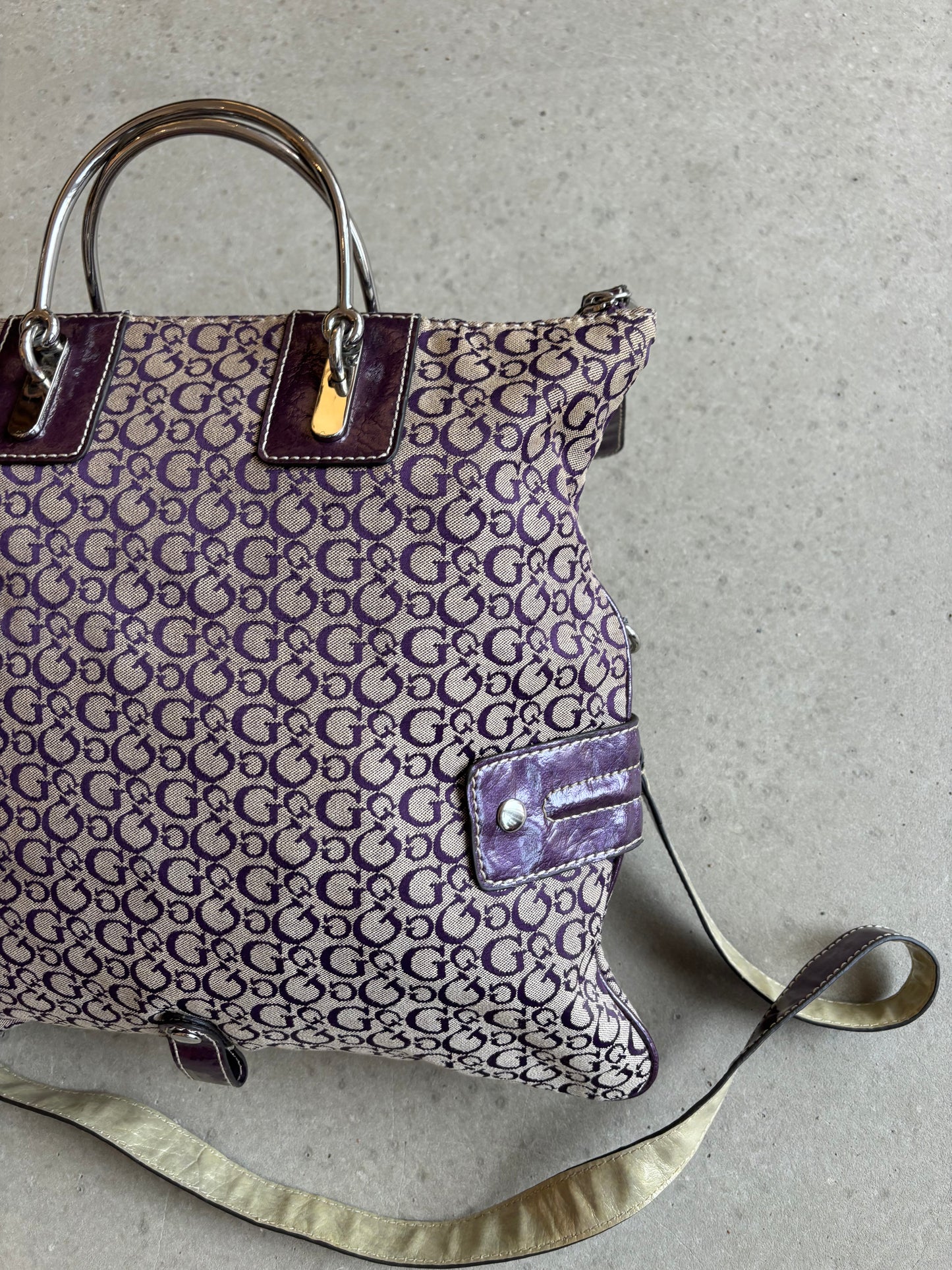 Guess Purple Monogram Cross Body Bag Brown