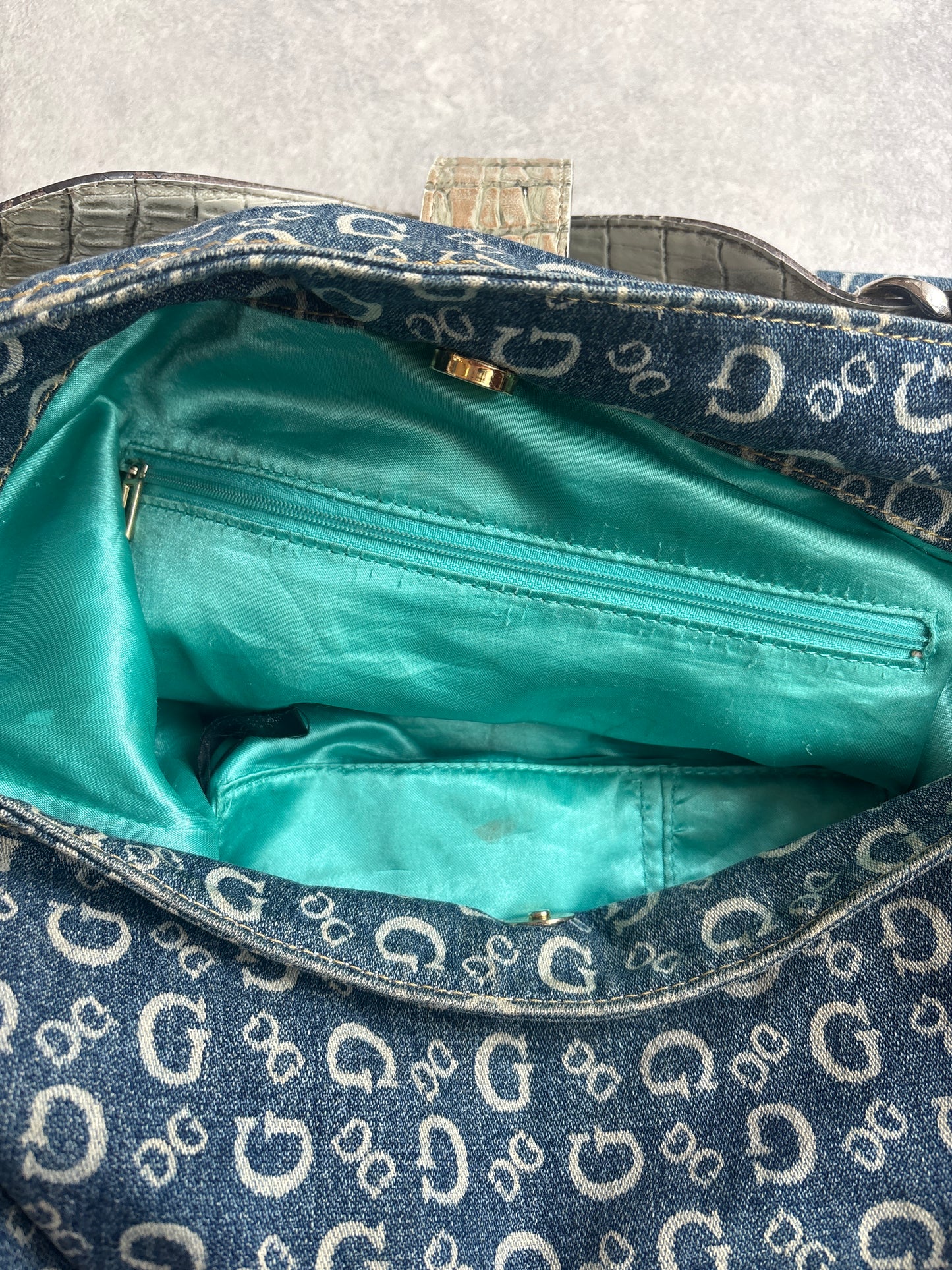 Guess Monogram Denim Shoulder Blue Bag