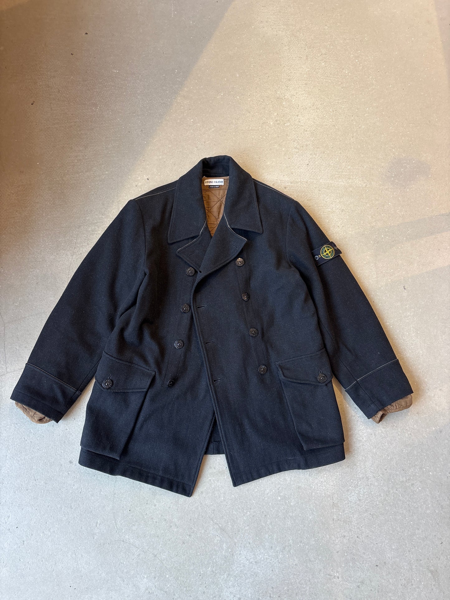 Stone Island 2002 Black Wool Dual Layer Pea Coat