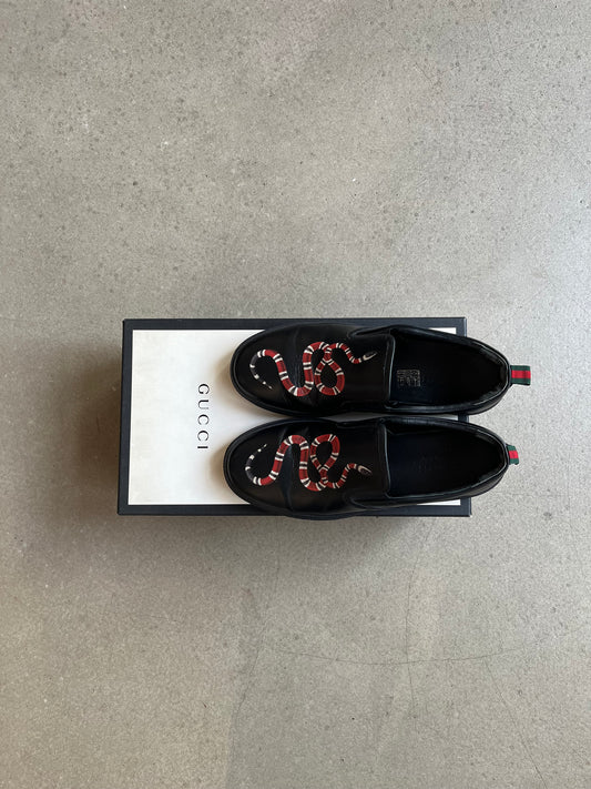 Gucci Leather Snake Print Slip-ons Black
