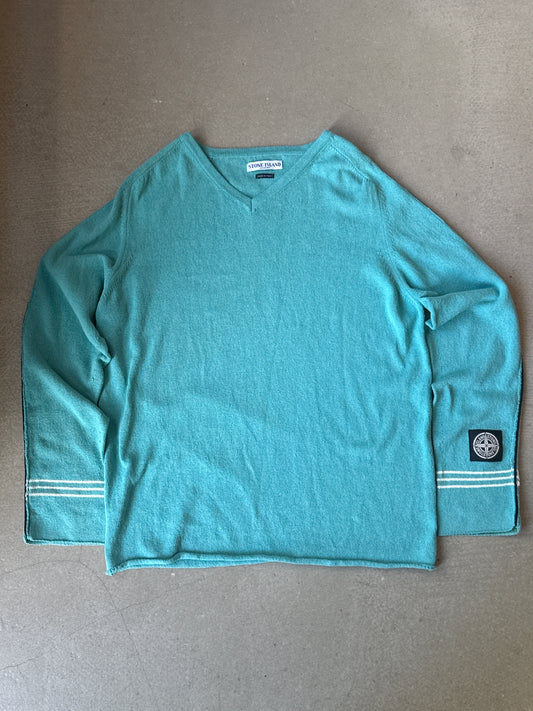 Stone Island V Neck Knit Sweater Cyan XL