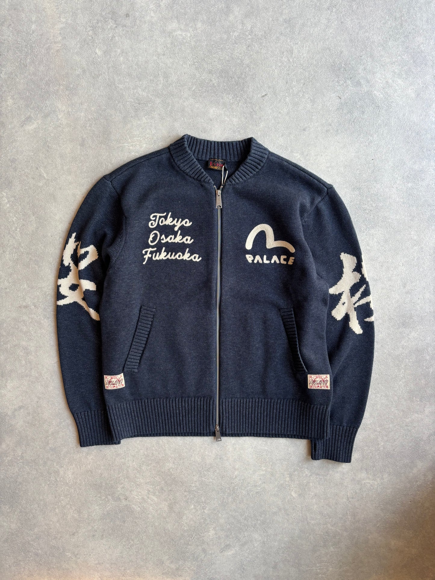 Palace Evisu Zip Through Chunky Knit Indigo