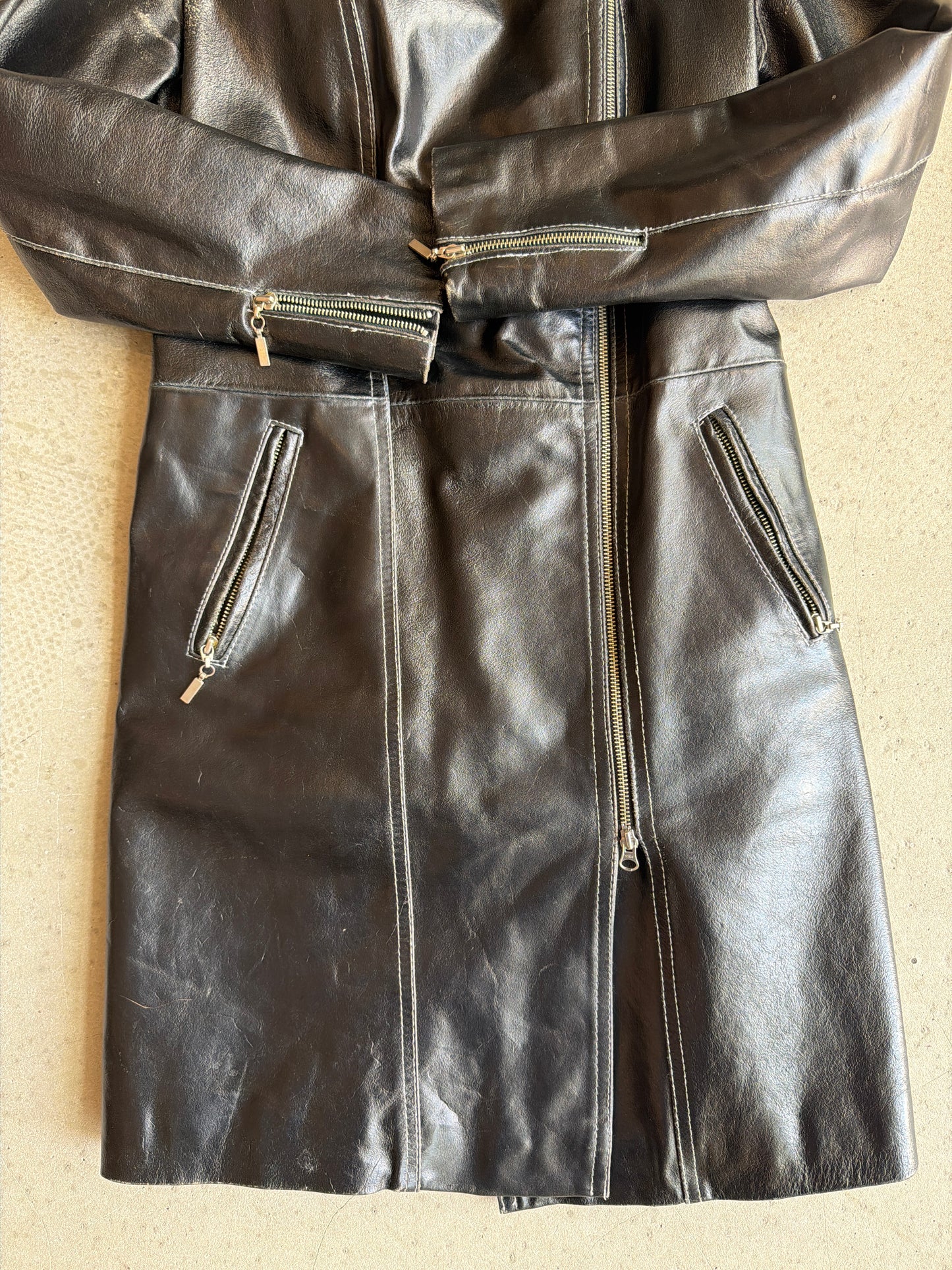 Armani jeans Vintage Leather Black Biker Coat M