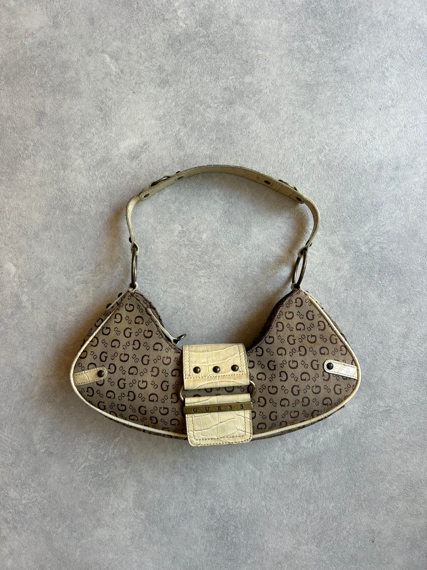 Guess Monogram Crescent Baguette Bag Bornw beige