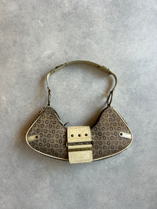 Guess Monogram Crescent Baguette Bag Bornw beige