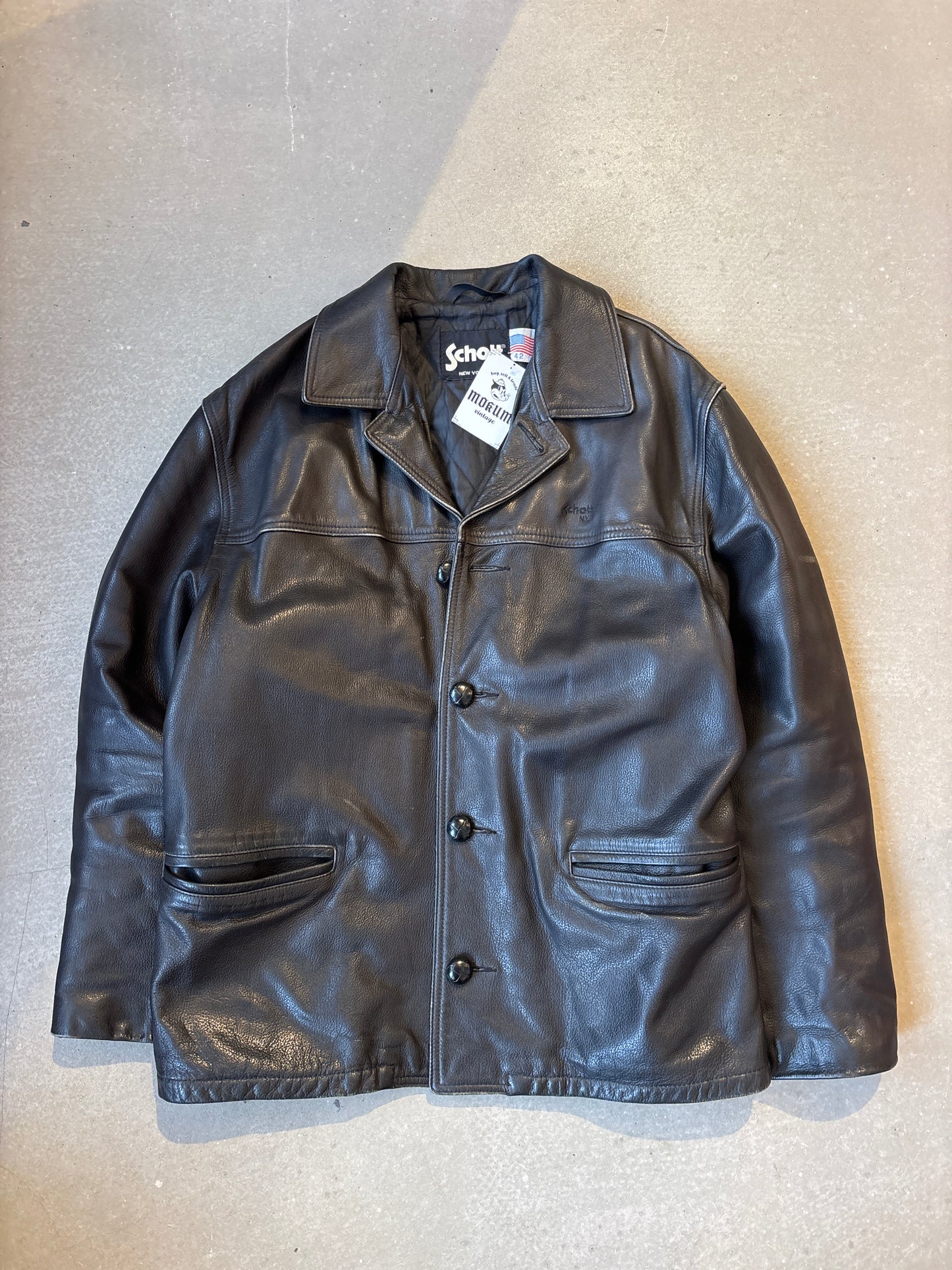 Schott NYC Leather Car Coat Black Size 42