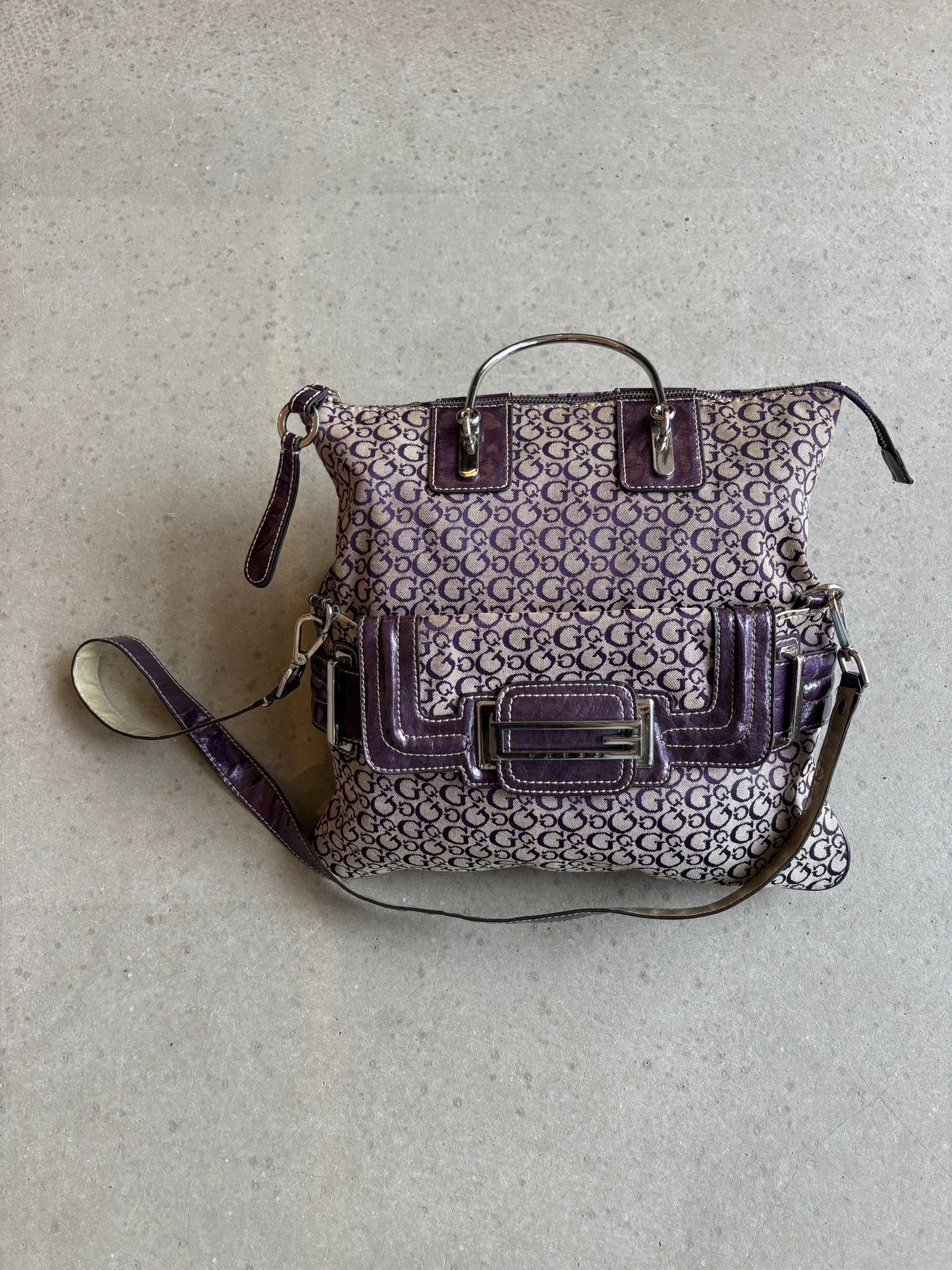 Guess Purple Monogram Cross Body Bag Brown