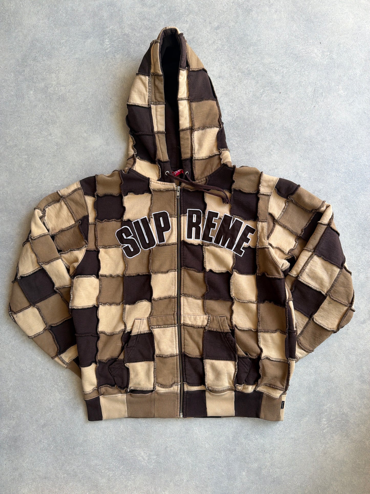 Supreme Reverse Patchwork Zip Up Hoodie Brown