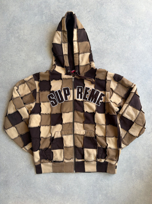 Supreme Reverse Patchwork Zip Up Hoodie Brown