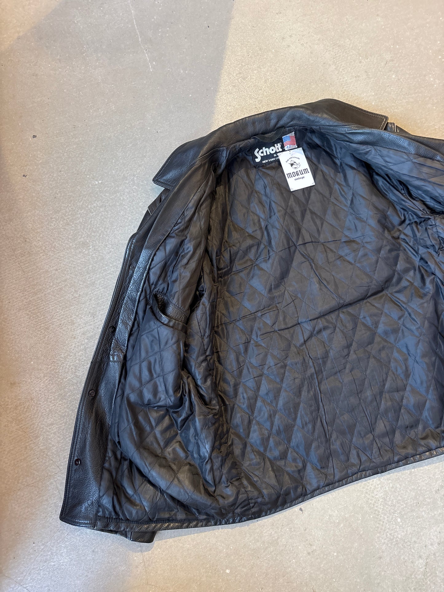 Schott NYC Leather Car Coat Black Size 42