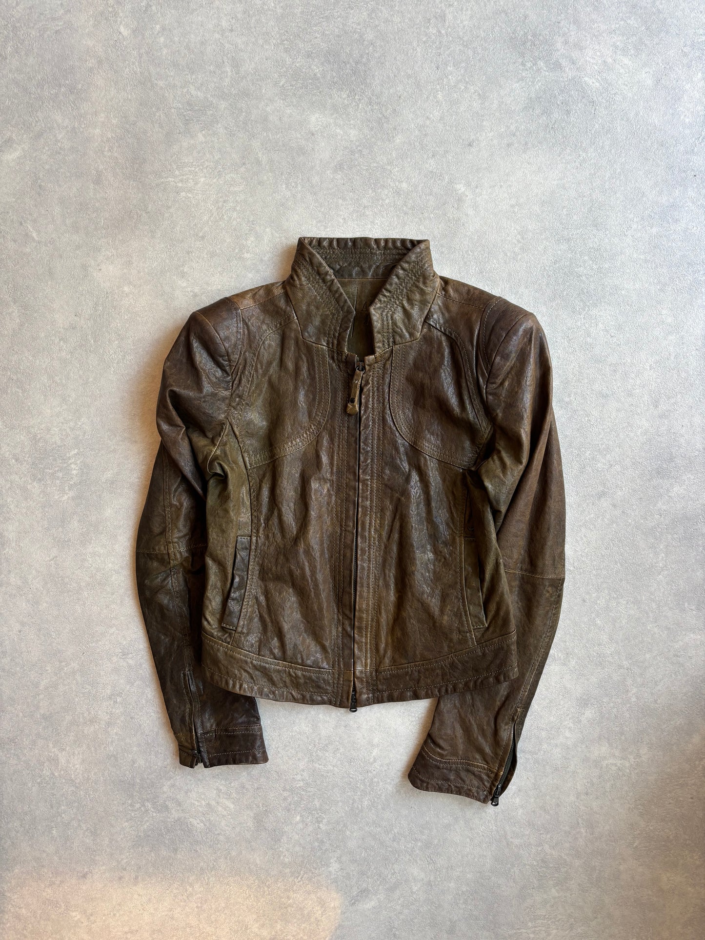 Armani Jeans Faded Leather Jacket Green Size M