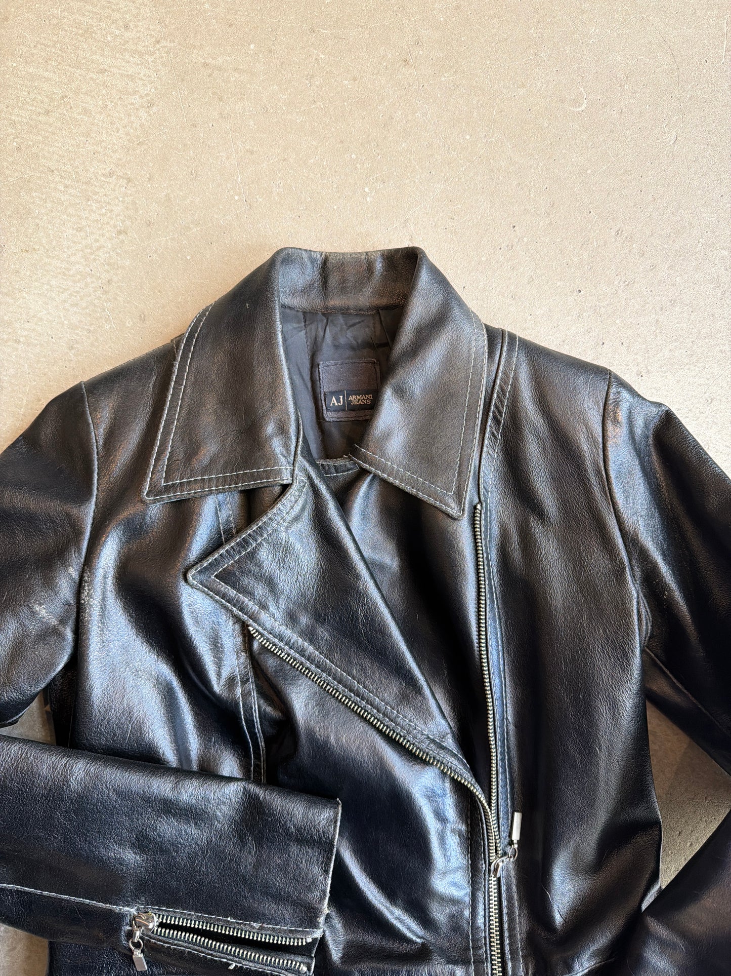 Armani jeans Vintage Leather Black Biker Coat M