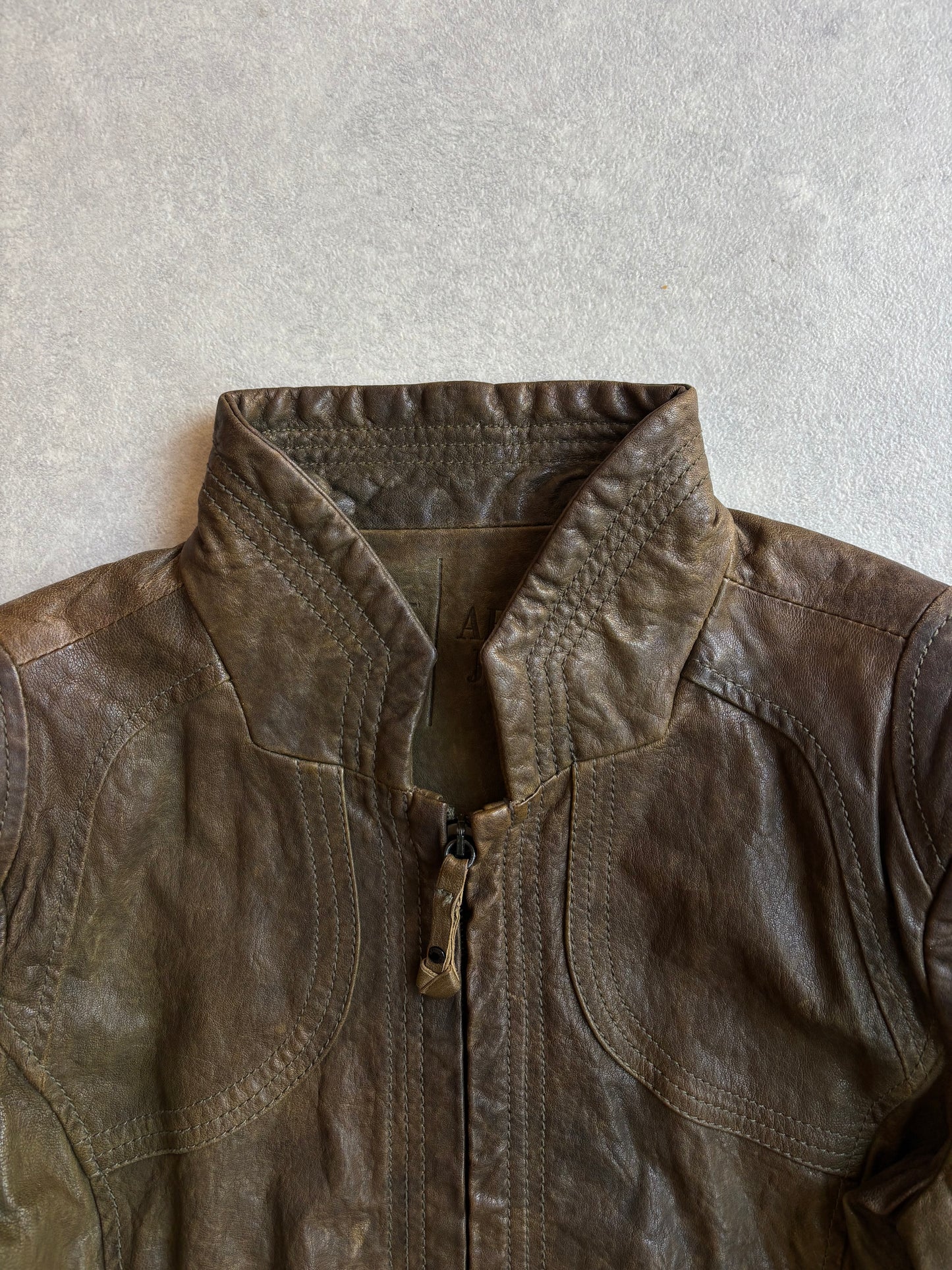 Armani Jeans Faded Leather Jacket Green Size M