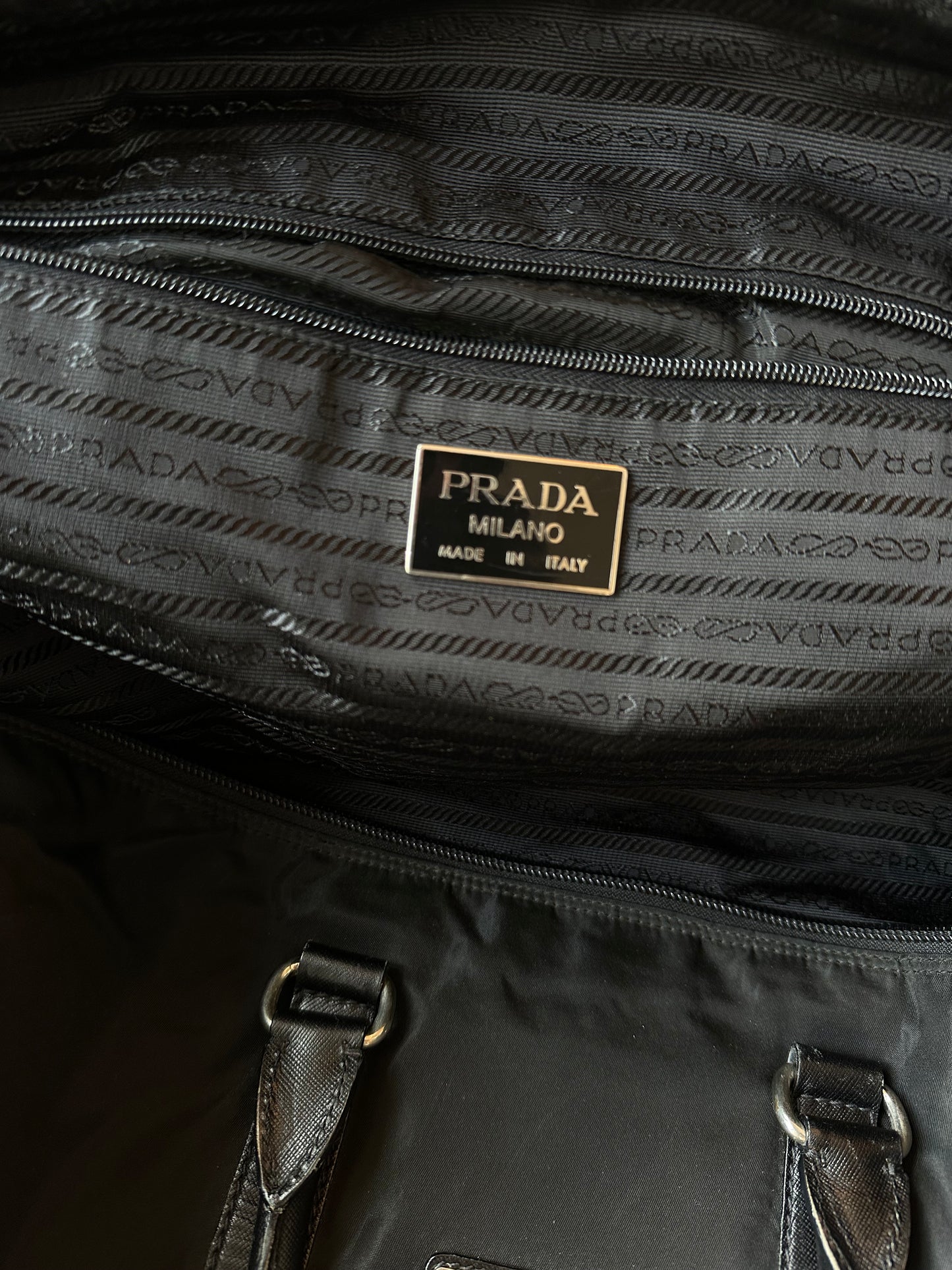 Prada Black Nylon and Leather Duffle Bag Black