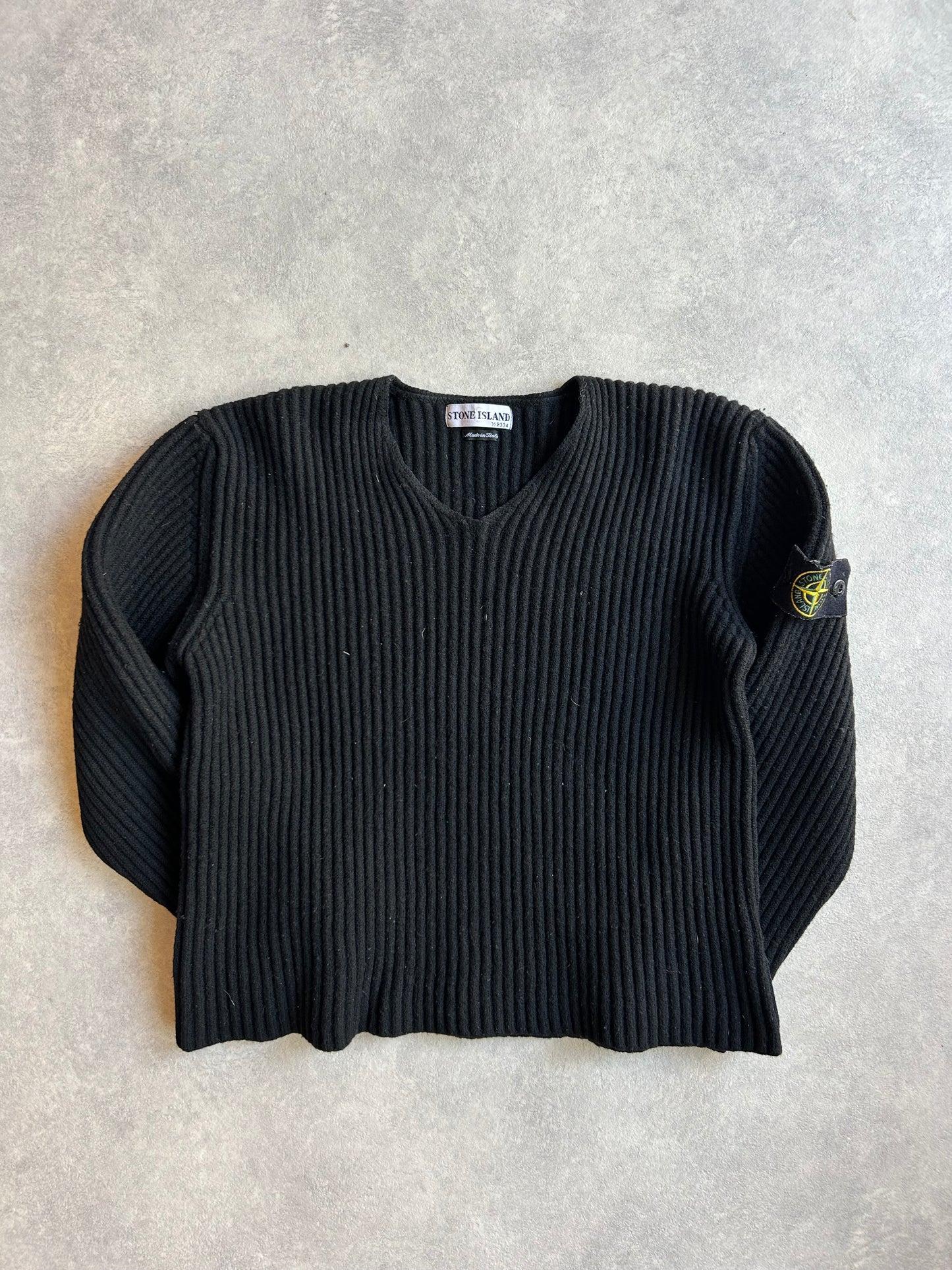 Stone Island Black Rib V-Neck Wool Sweater XXL