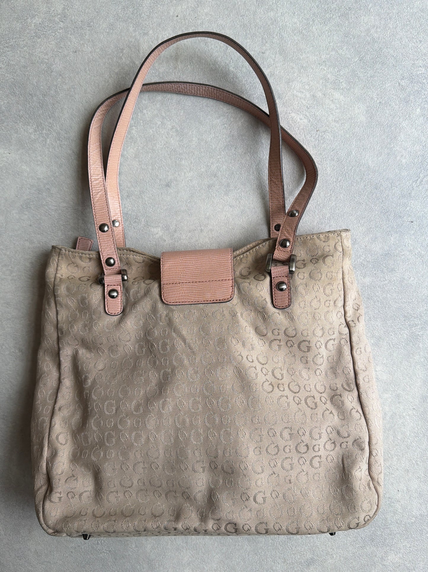 Guess Monogram Pink/Beige Canvas Hobo
