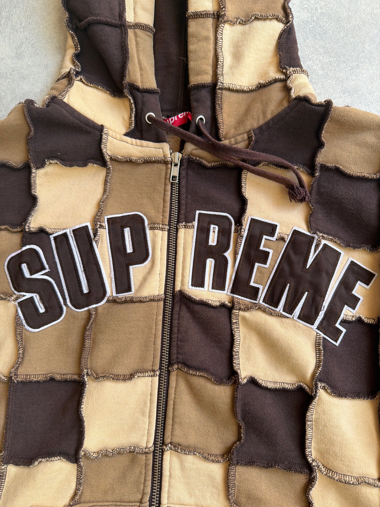 Supreme Reverse Patchwork Zip Up Hoodie Brown