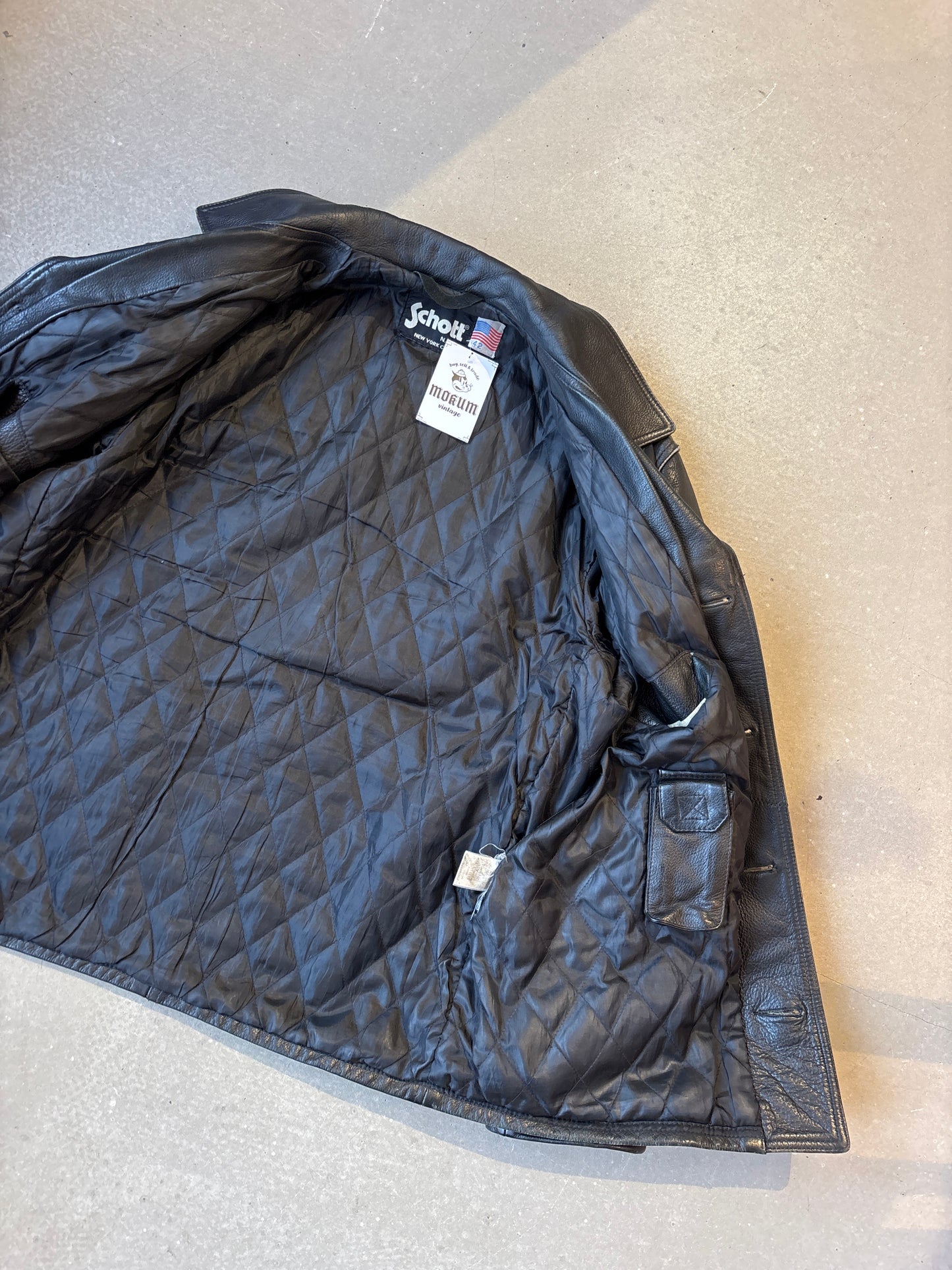 Schott NYC Leather Car Coat Black Size 42