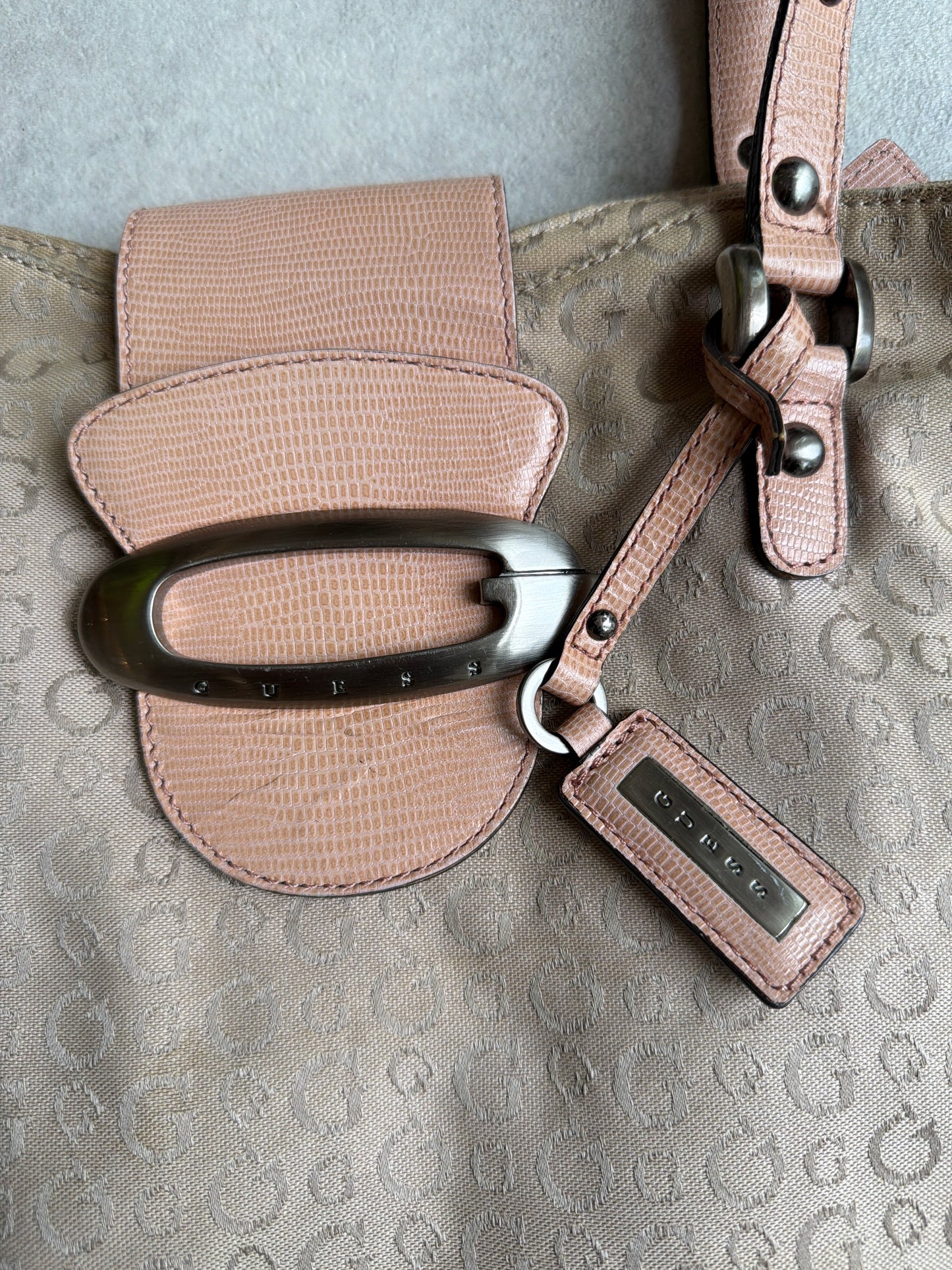 Guess Monogram Pink/Beige Canvas Hobo
