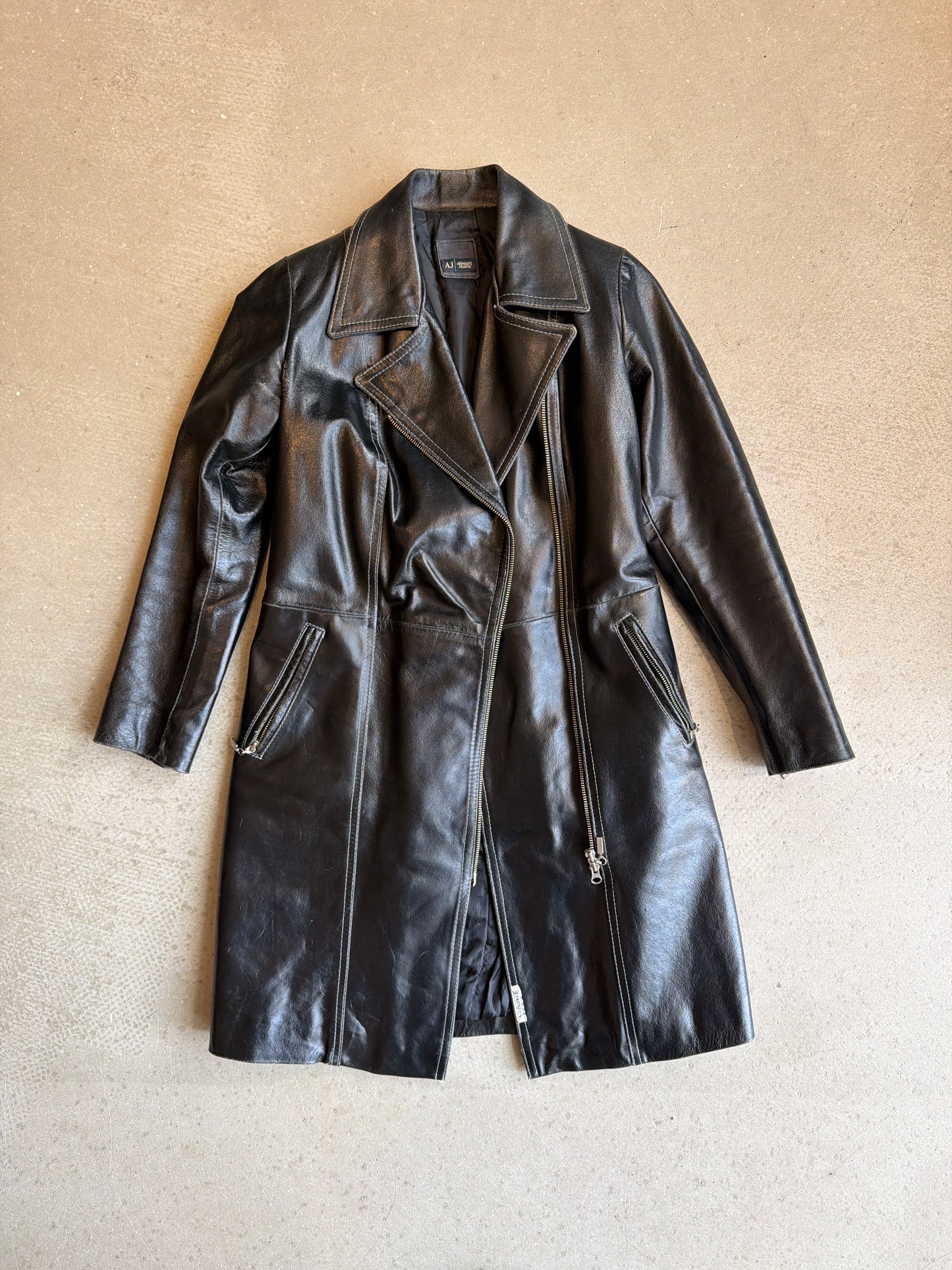 Armani jeans Vintage Leather Black Biker Coat M