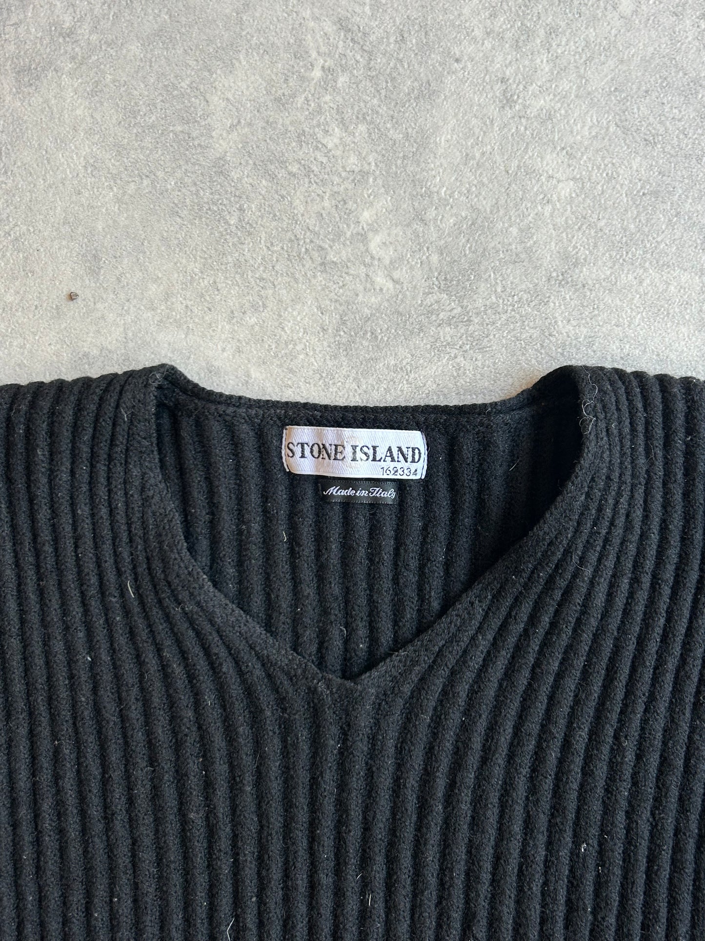 Stone Island Black Rib V-Neck Wool Sweater XXL