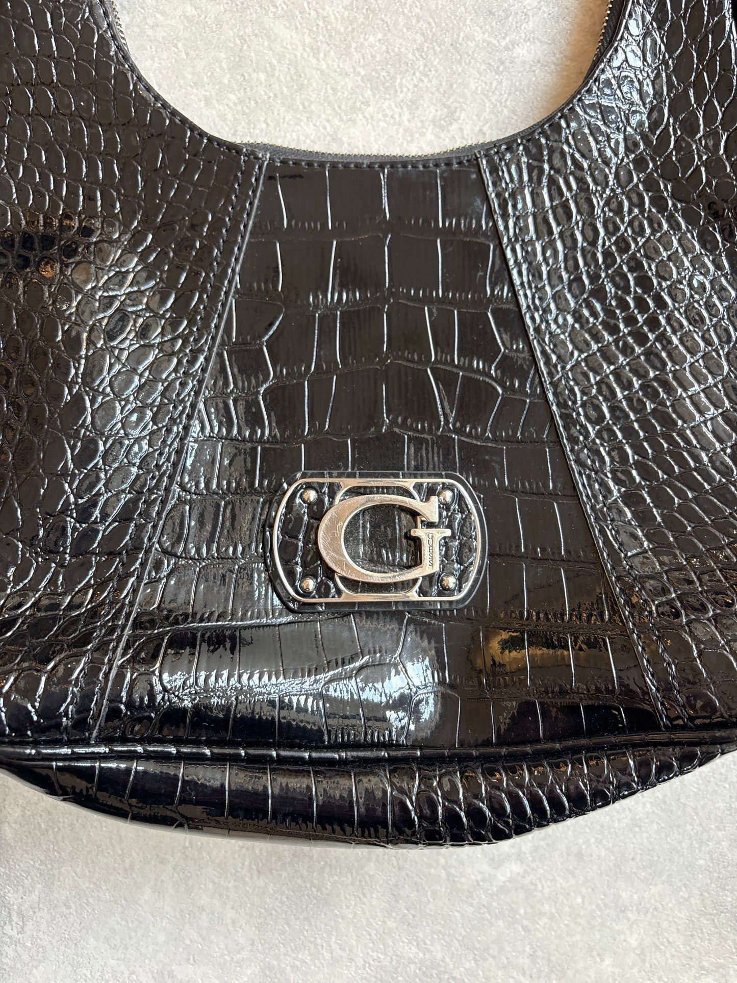 Guess Croc-Embossed Patent Hobo Shoulder Bag Black