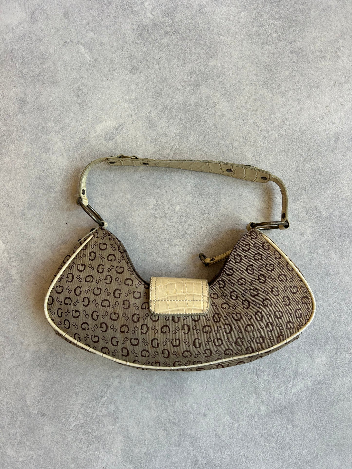 Guess Monogram Crescent Baguette Bag Bornw beige