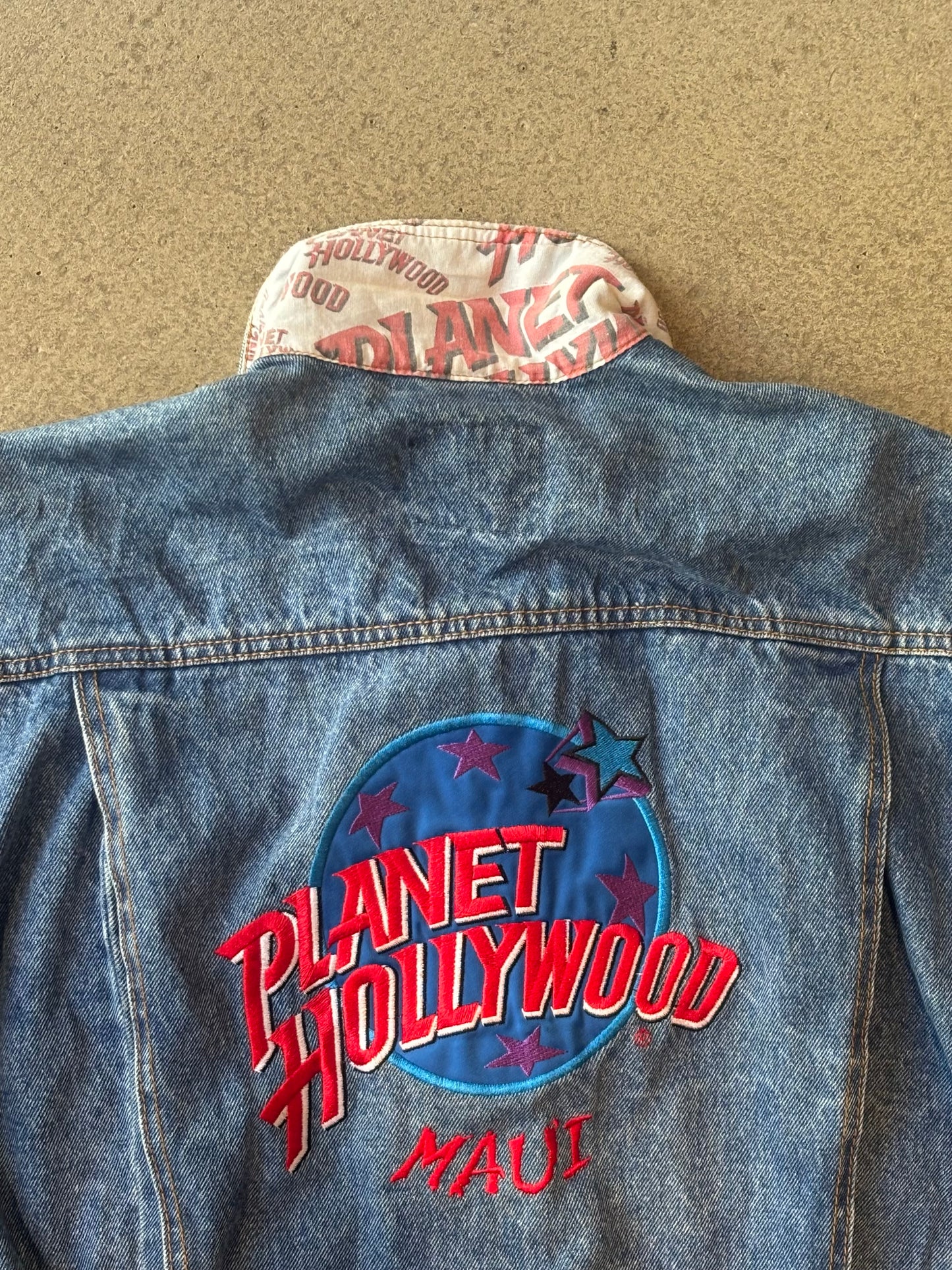 Vintage Planet Hollywood Maui Embroidered Denim Jacket Blue S