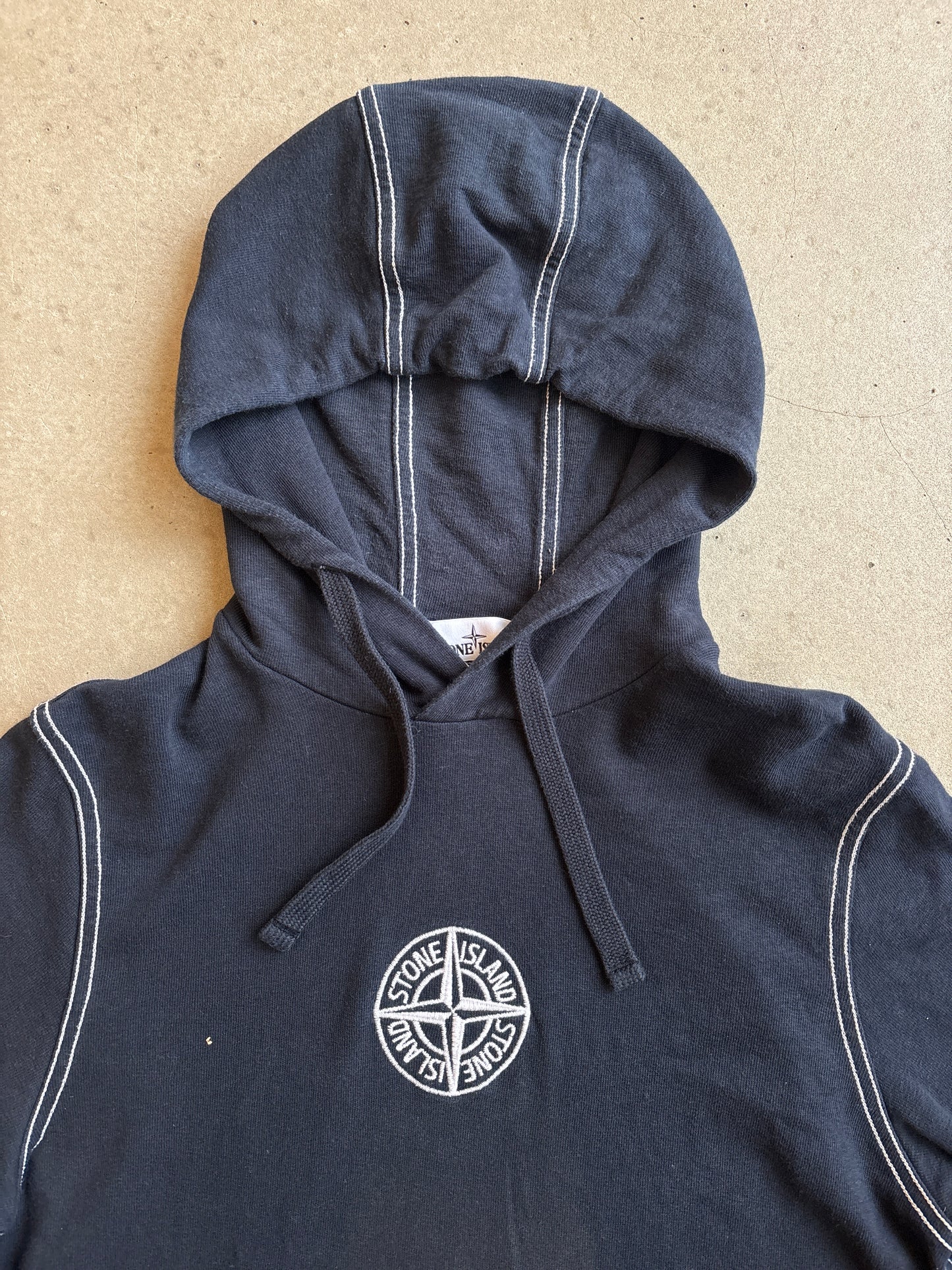 Stone Island Chest Embroidered Logo White Stitching Hoodie Navy S