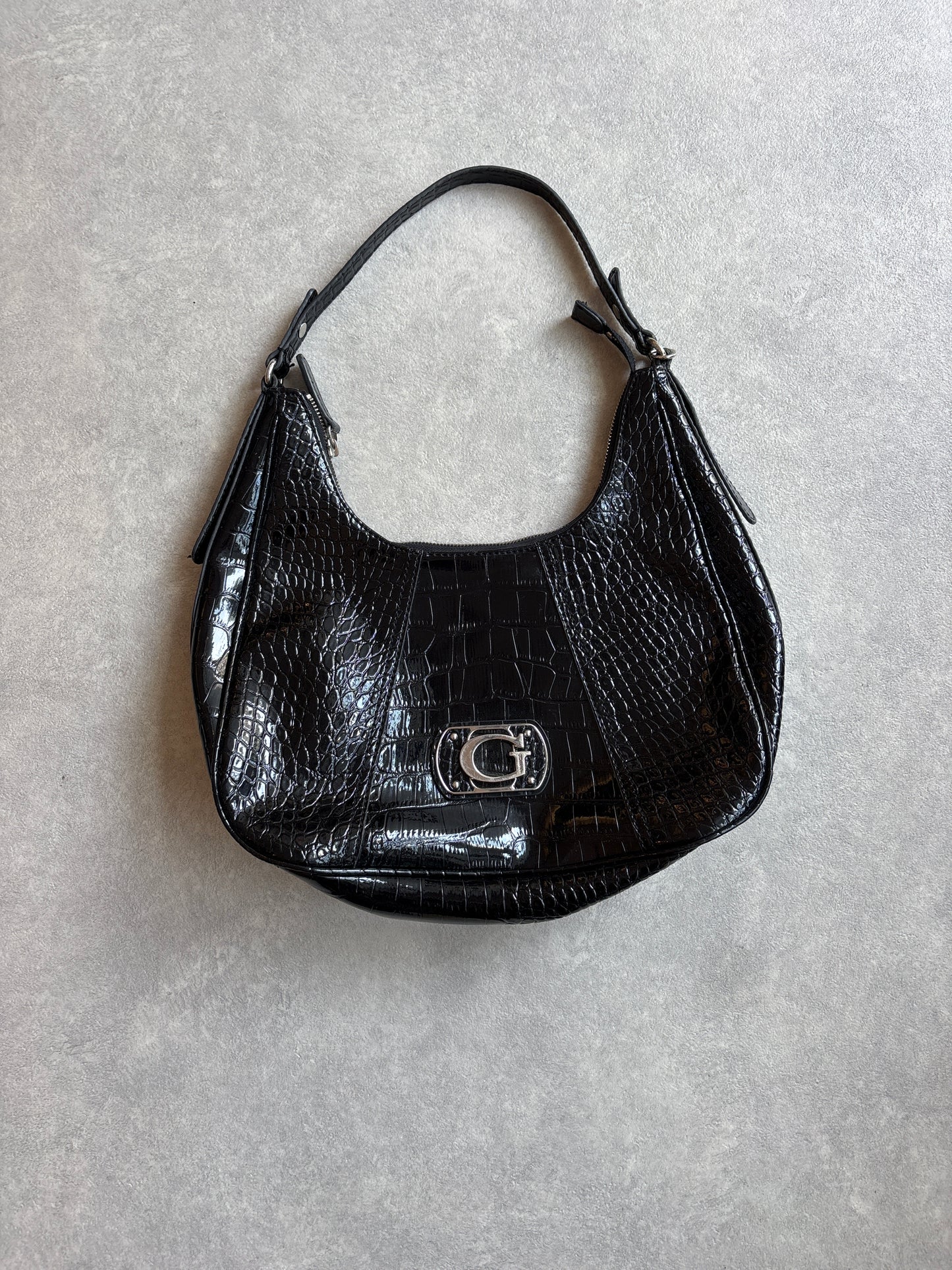 Guess Croc-Embossed Patent Hobo Shoulder Bag Black