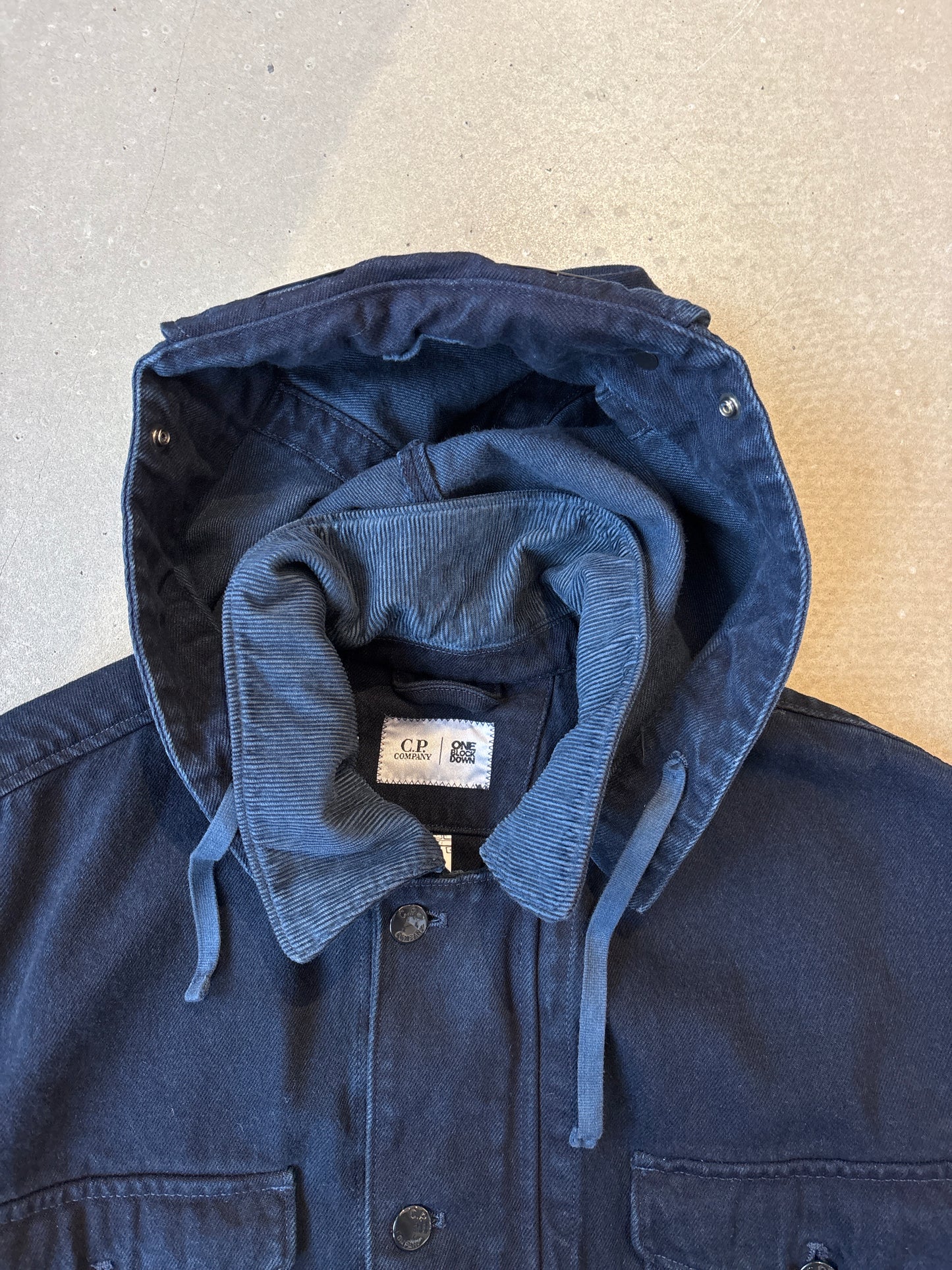 CP Company X One Block Down Denim Goggle Jacket Large