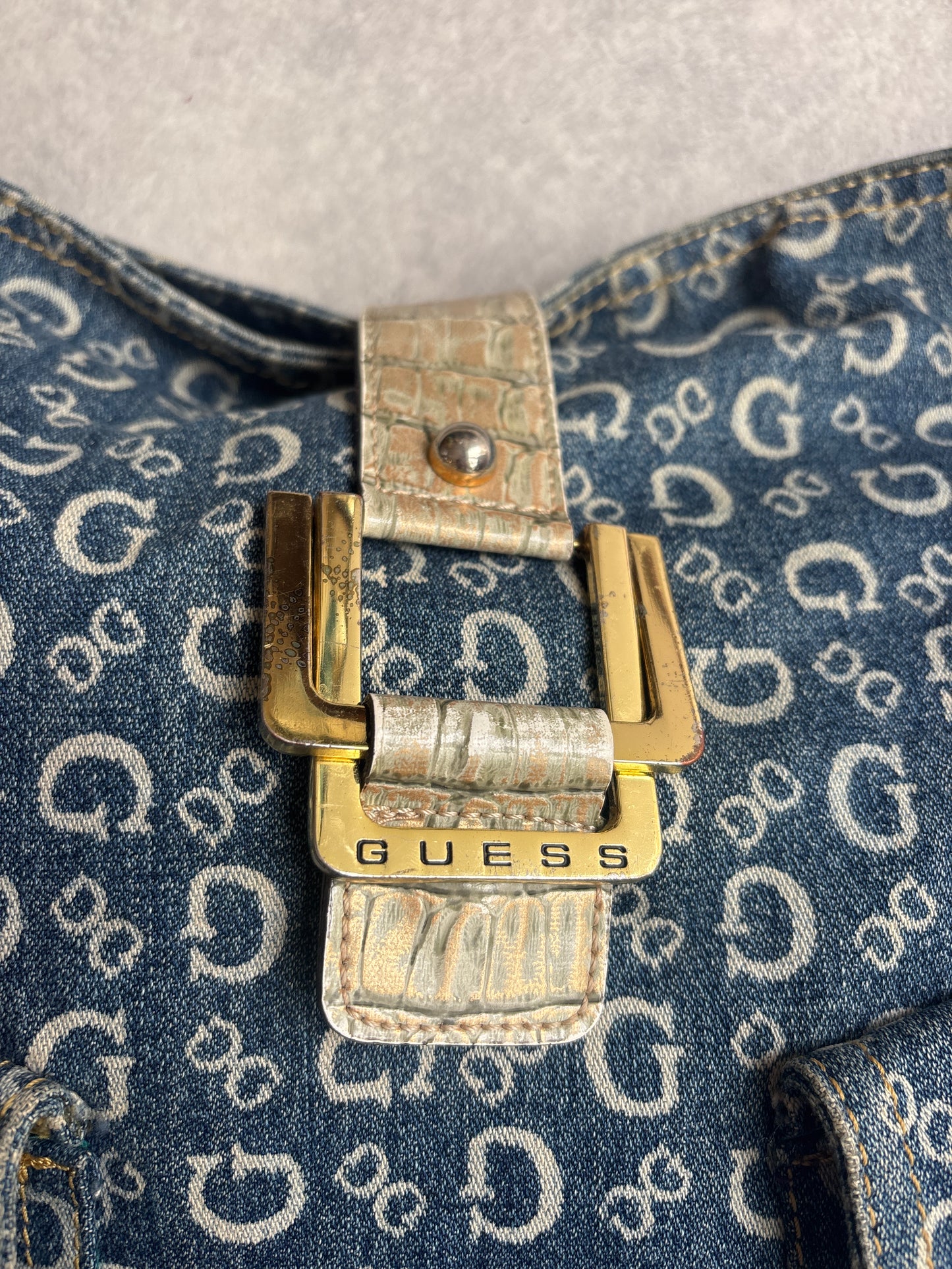 Guess Monogram Denim Shoulder Blue Bag