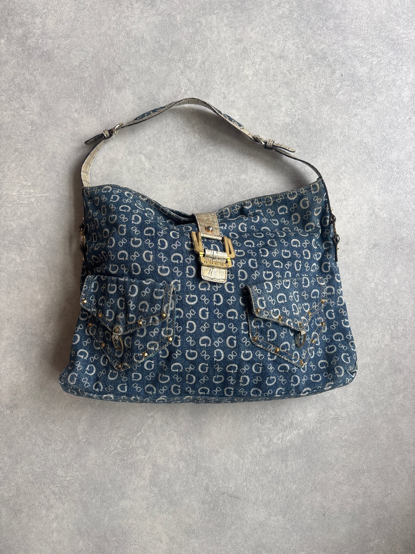 Guess Monogram Denim Shoulder Blue Bag