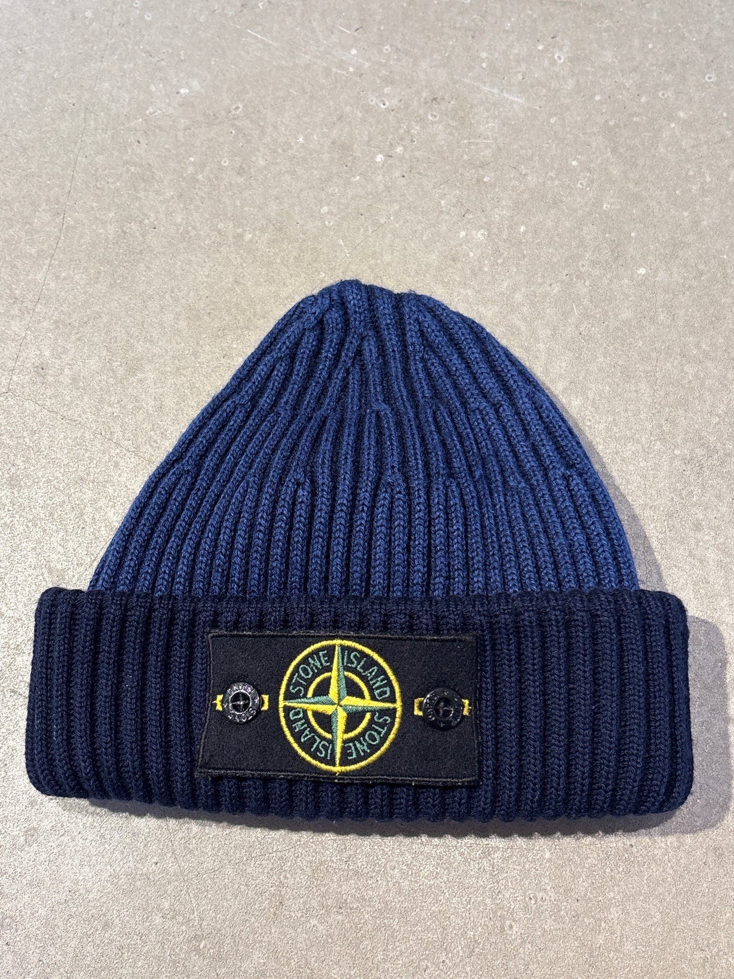 Stone Island Knitted Two Tone Badge Beanie Blue