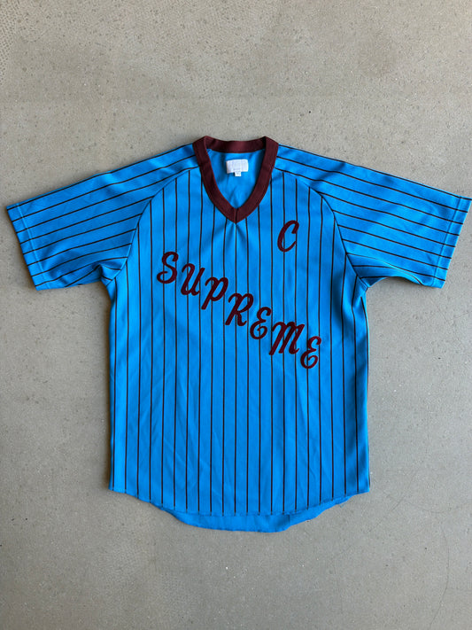 Supreme Stripe Big Embroidery Baseball Shirt Logo M