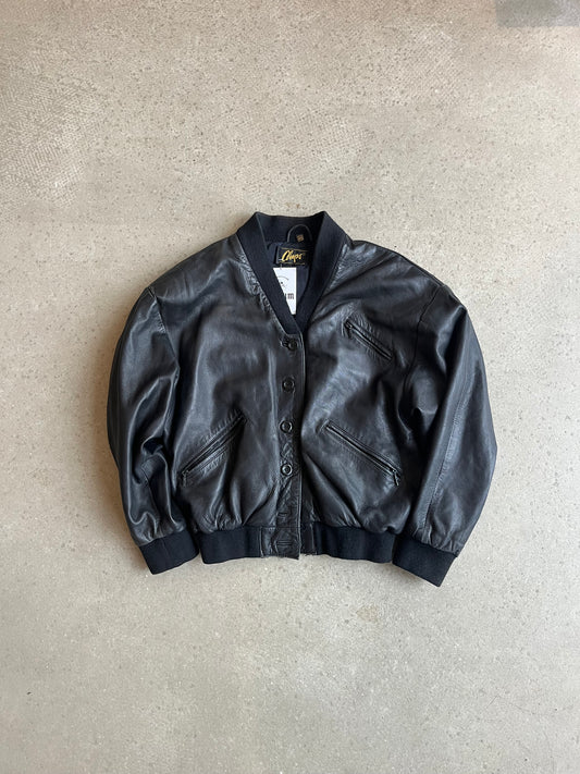 Chaps Leather Bomber Jacket Black Size 40