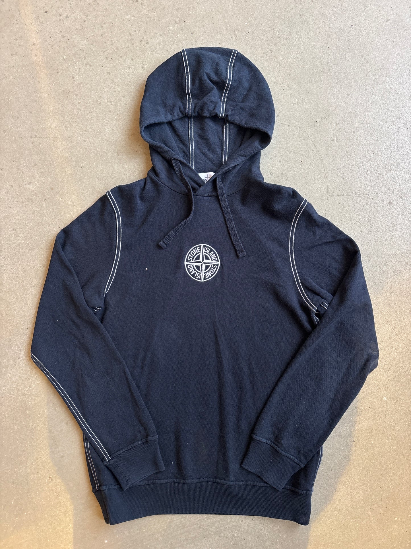 Stone Island Chest Embroidered Logo White Stitching Hoodie Navy S