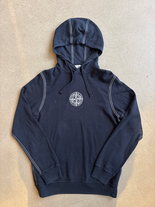 Stone Island Chest Embroidered Logo White Stitching Hoodie Navy S