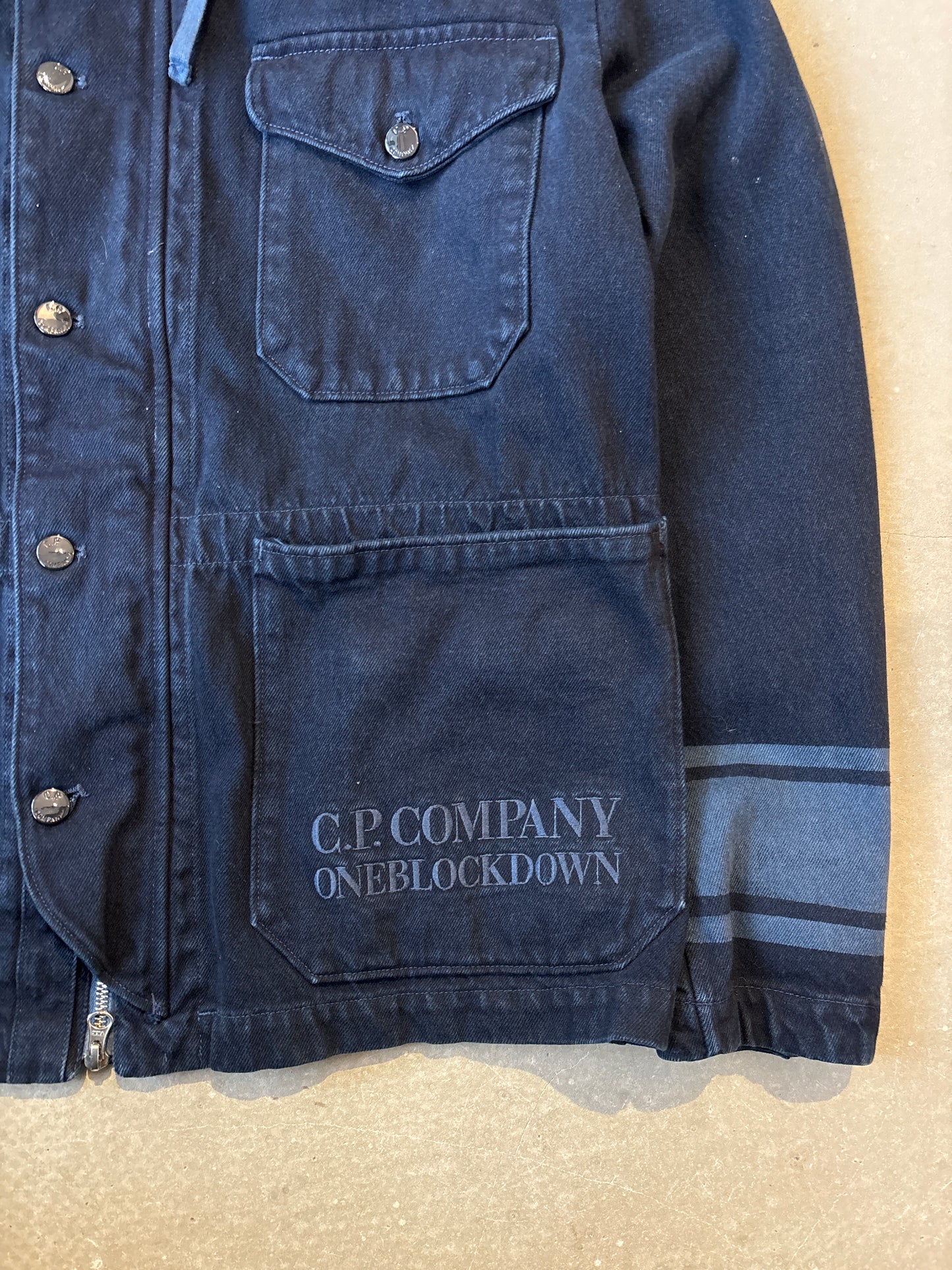 CP Company X One Block Down Denim Goggle Jacket Large