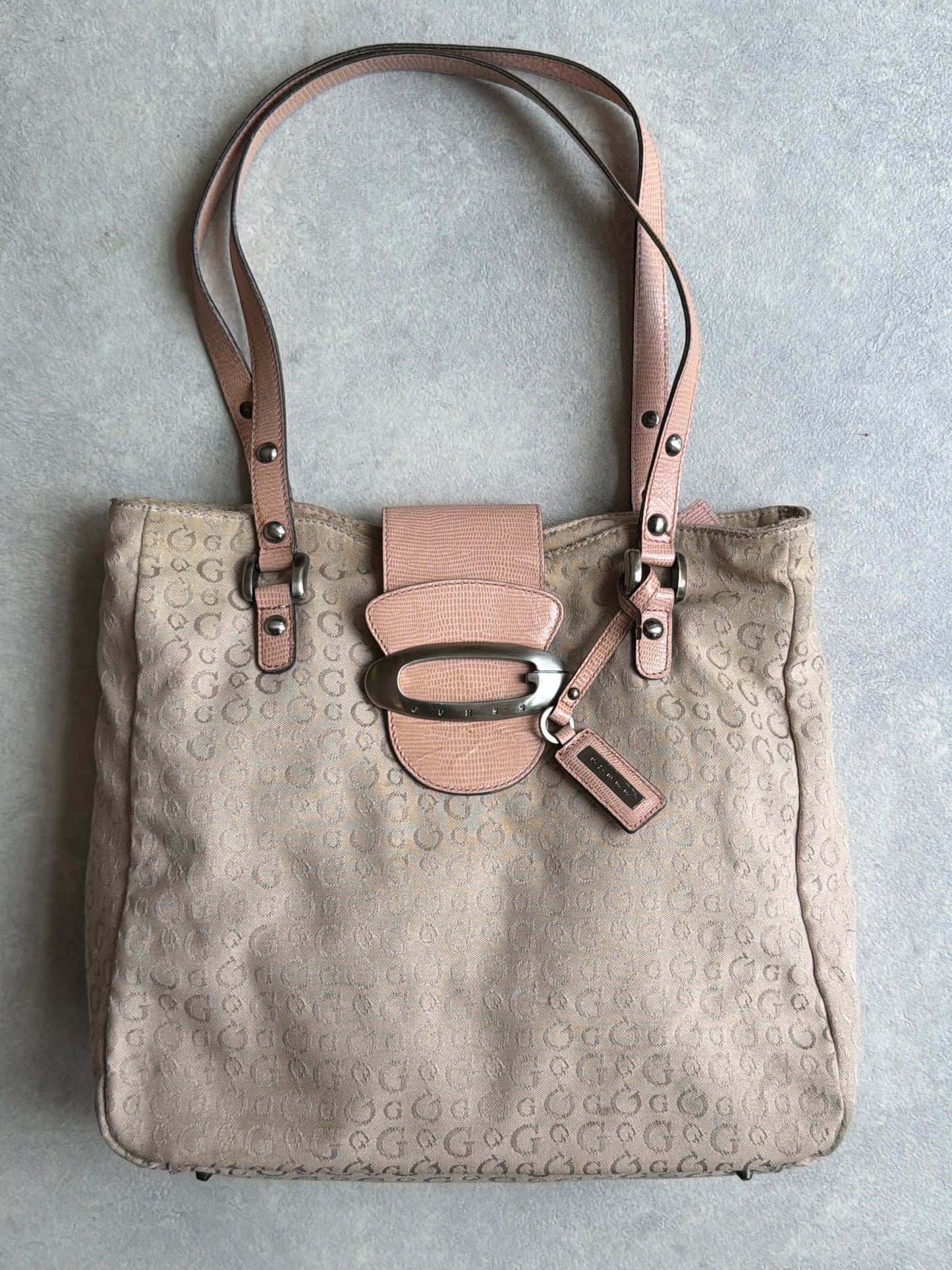 Guess Monogram Pink/Beige Canvas Hobo