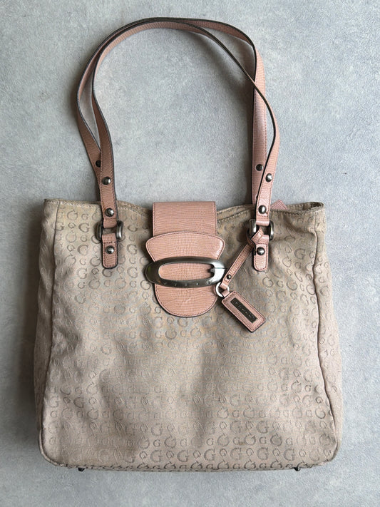 Guess Monogram Pink/Beige Canvas Hobo