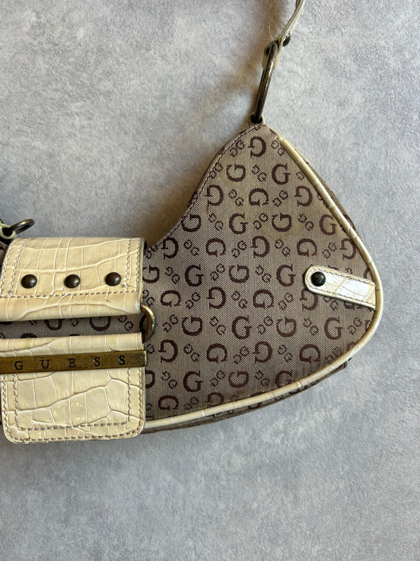 Guess Monogram Crescent Baguette Bag Bornw beige