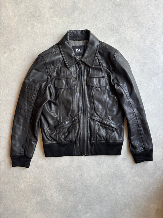 D&G Lambskin Leather Aviator Jacket Black 56