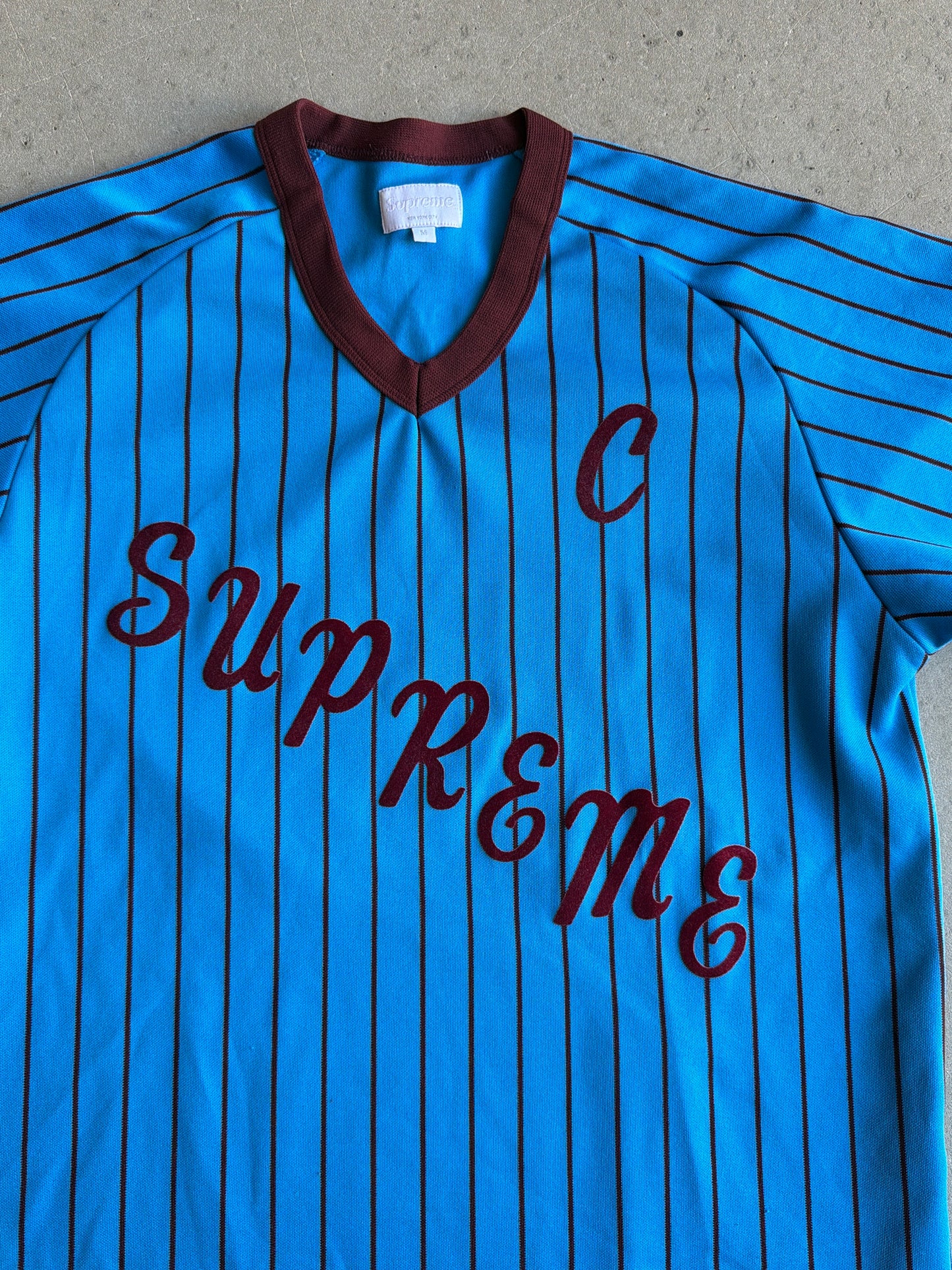 Supreme Stripe Big Embroidery Baseball Shirt Logo M