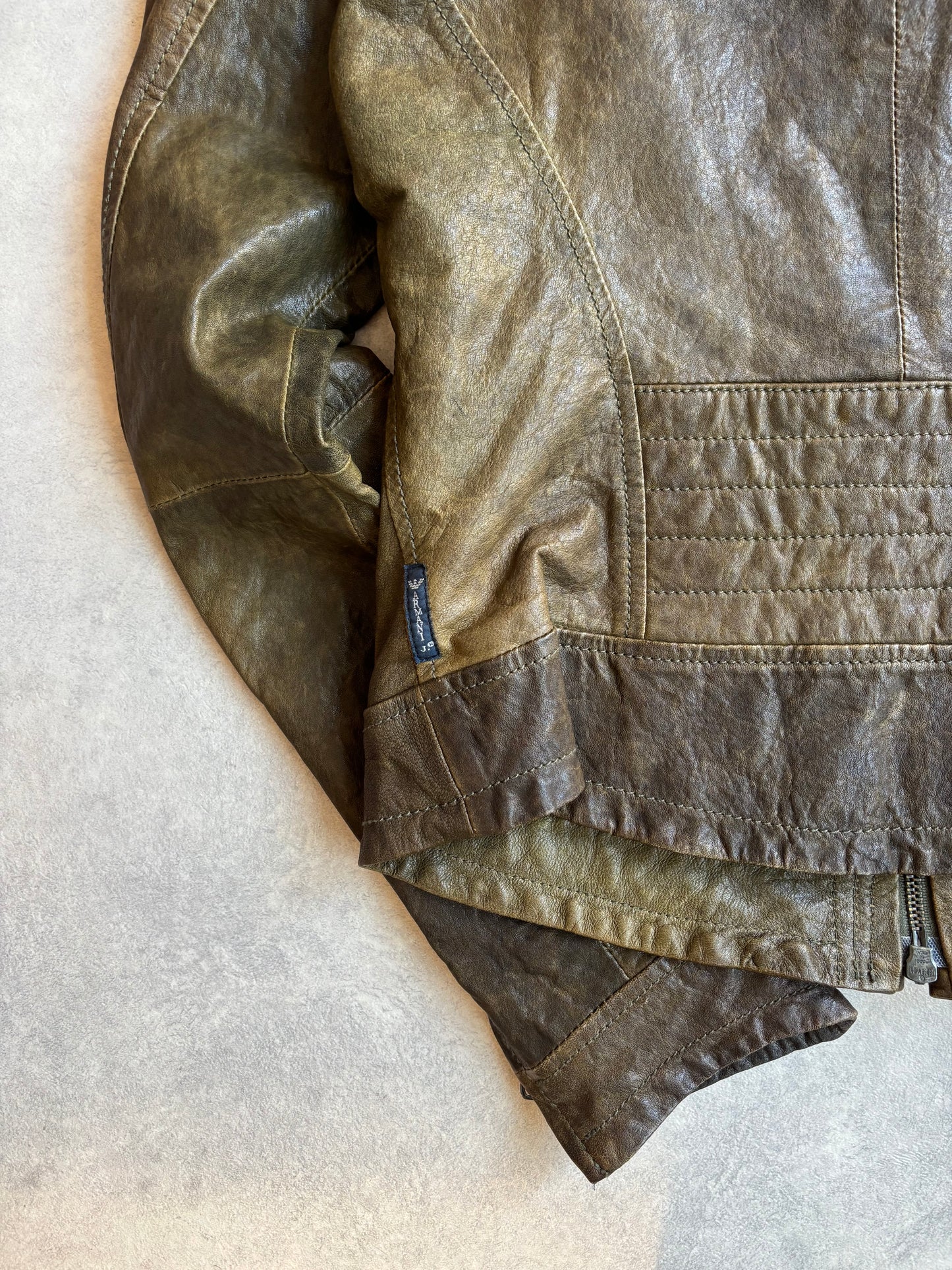 Armani Jeans Faded Leather Jacket Green Size M