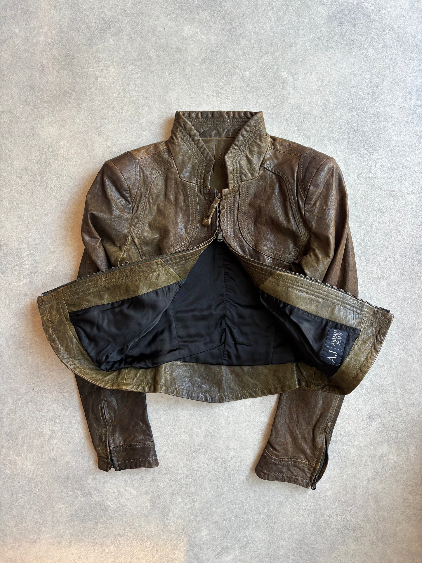 Armani Jeans Faded Leather Jacket Green Size M