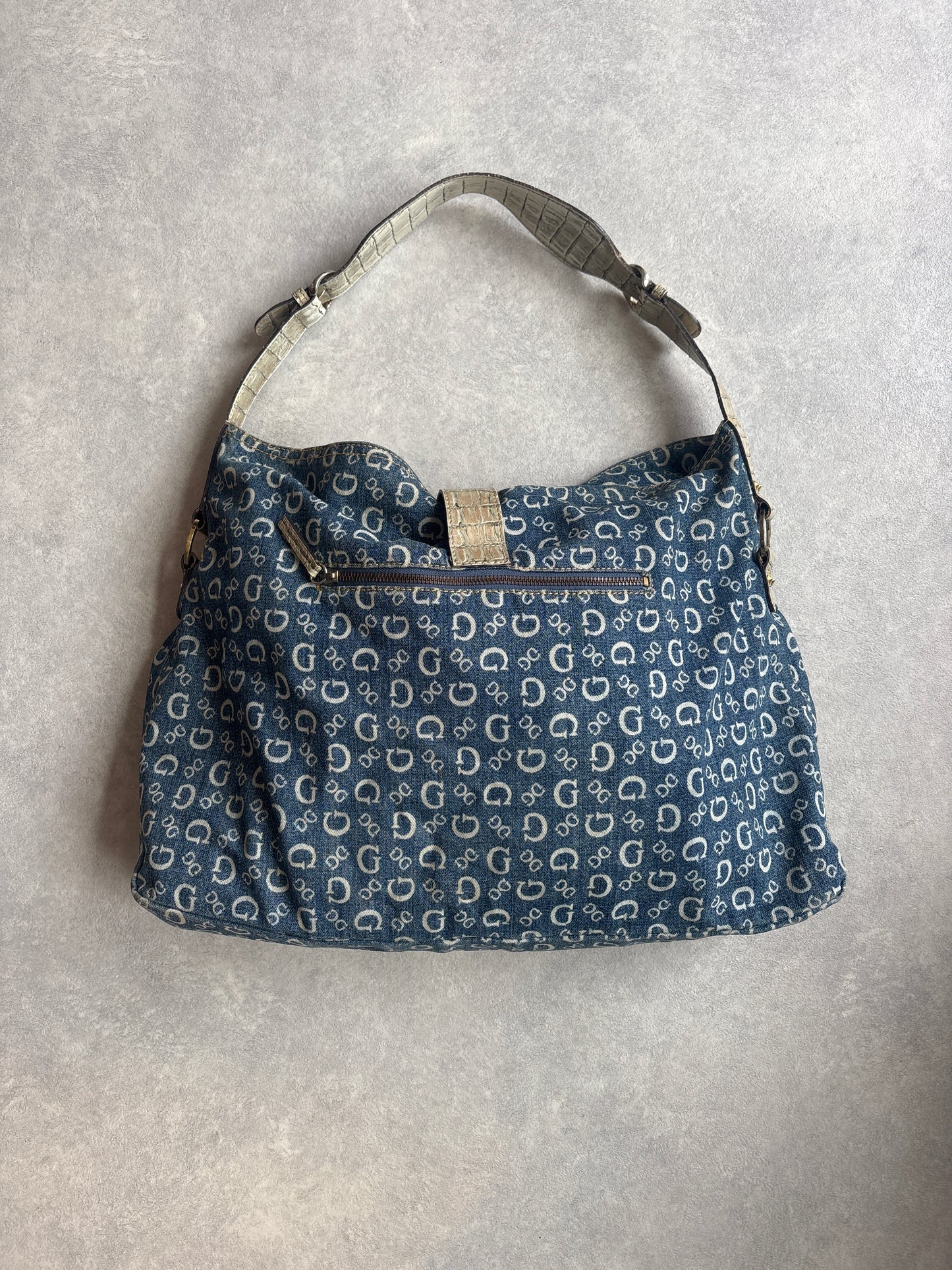 Guess Monogram Denim Shoulder Blue Bag