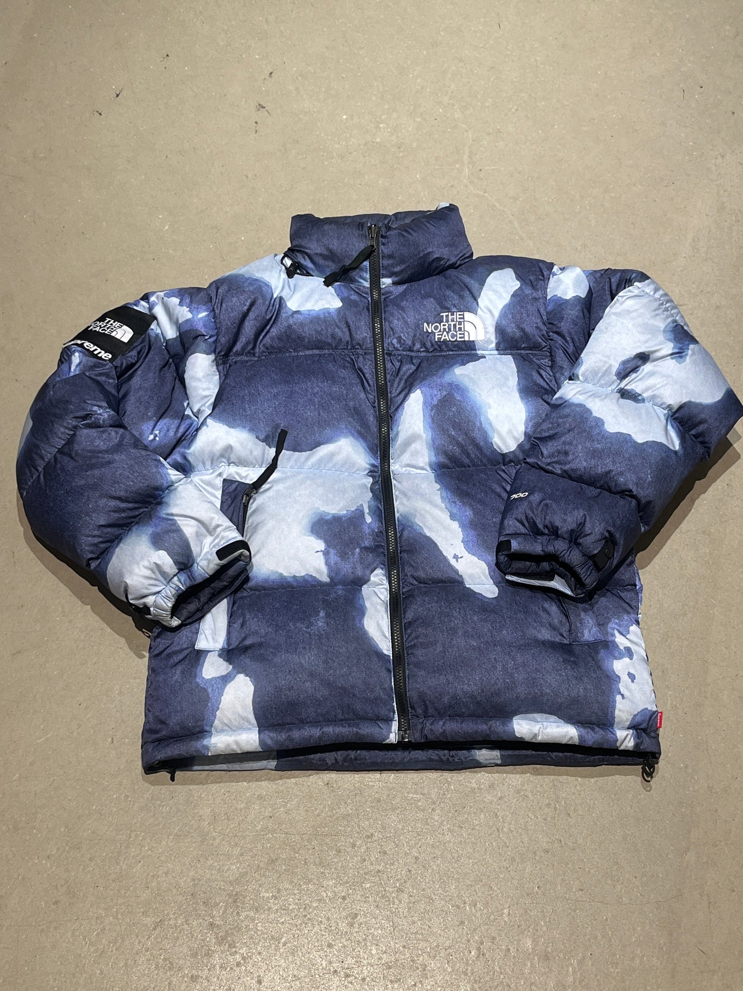 Supreme The North Face Bleached Denim Print Nuptse Jacket Indigo M