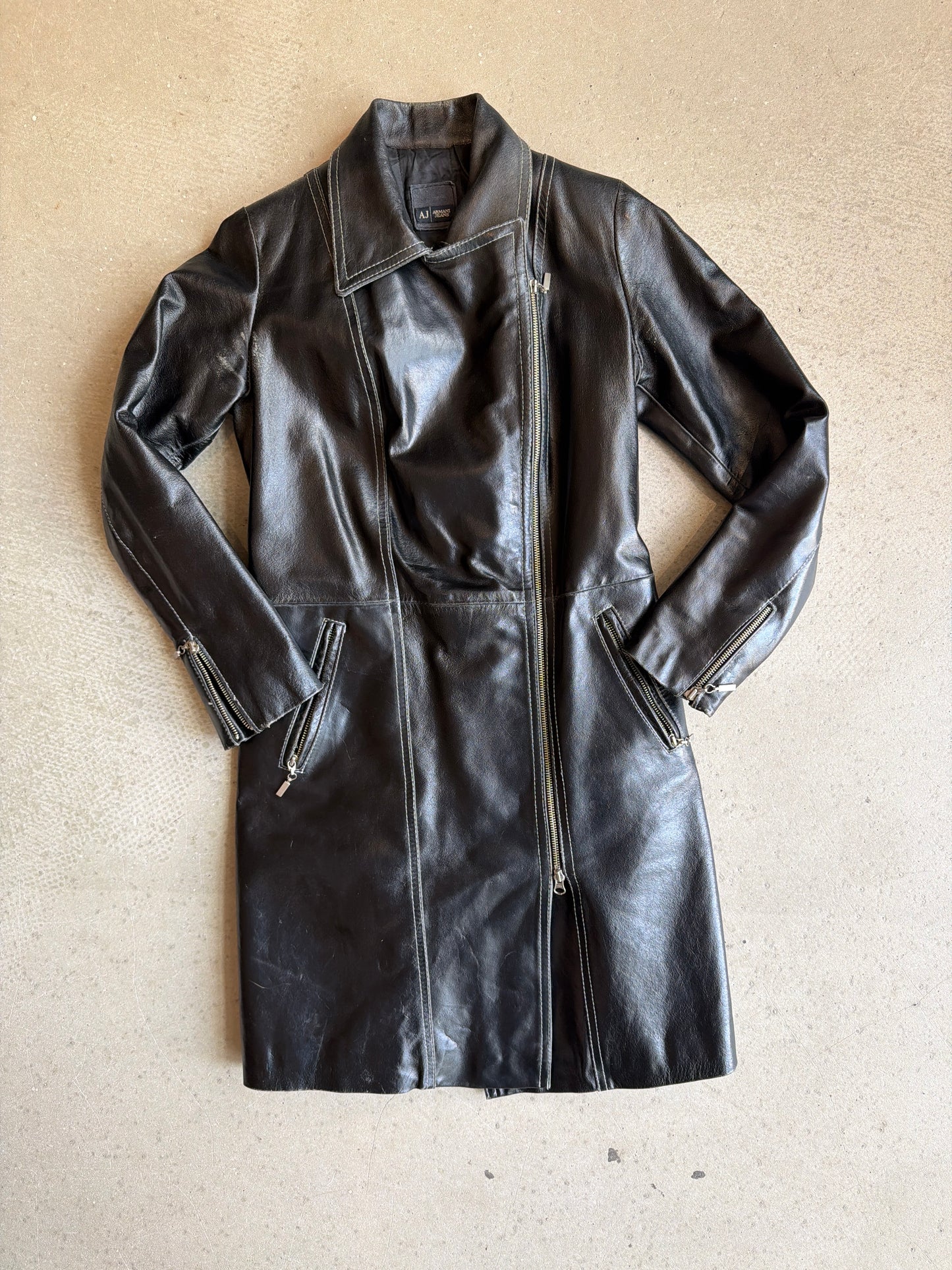 Armani jeans Vintage Leather Black Biker Coat M