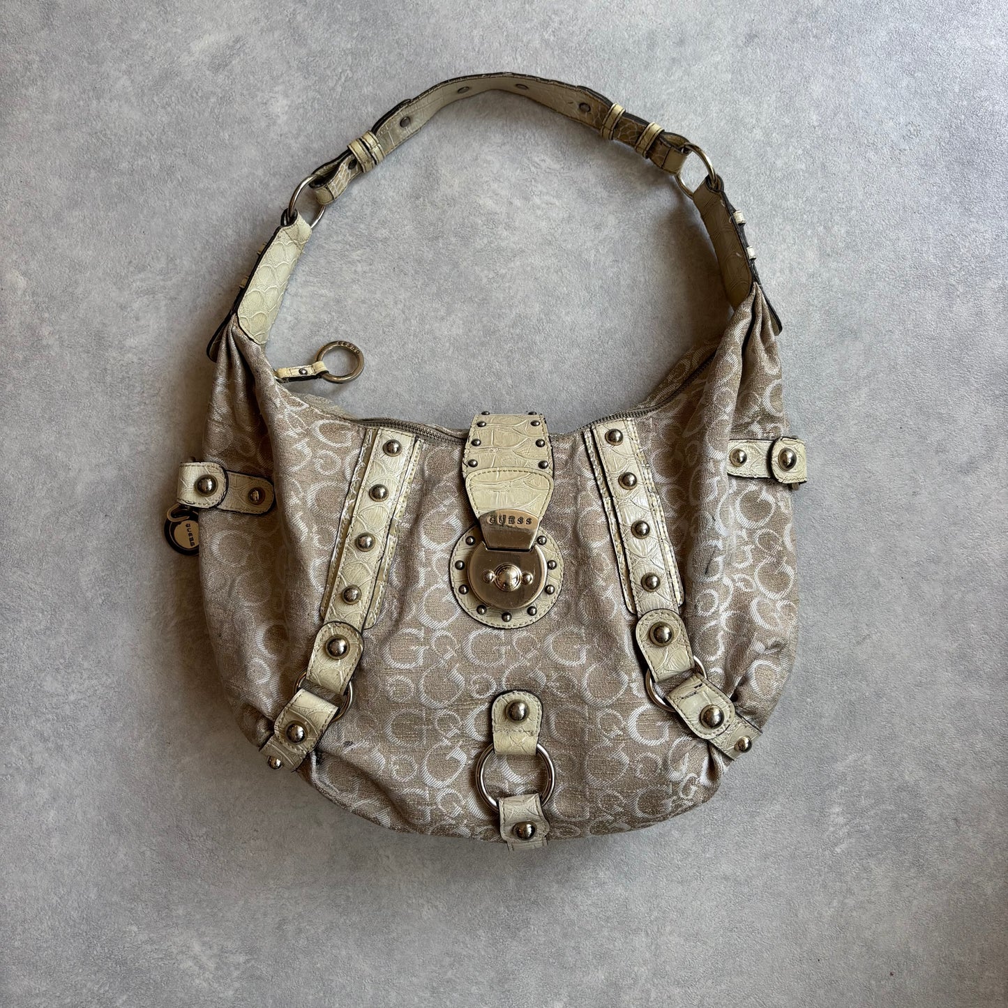 Guess Monogram Studded Hobo Slouchy Shoulder Bag